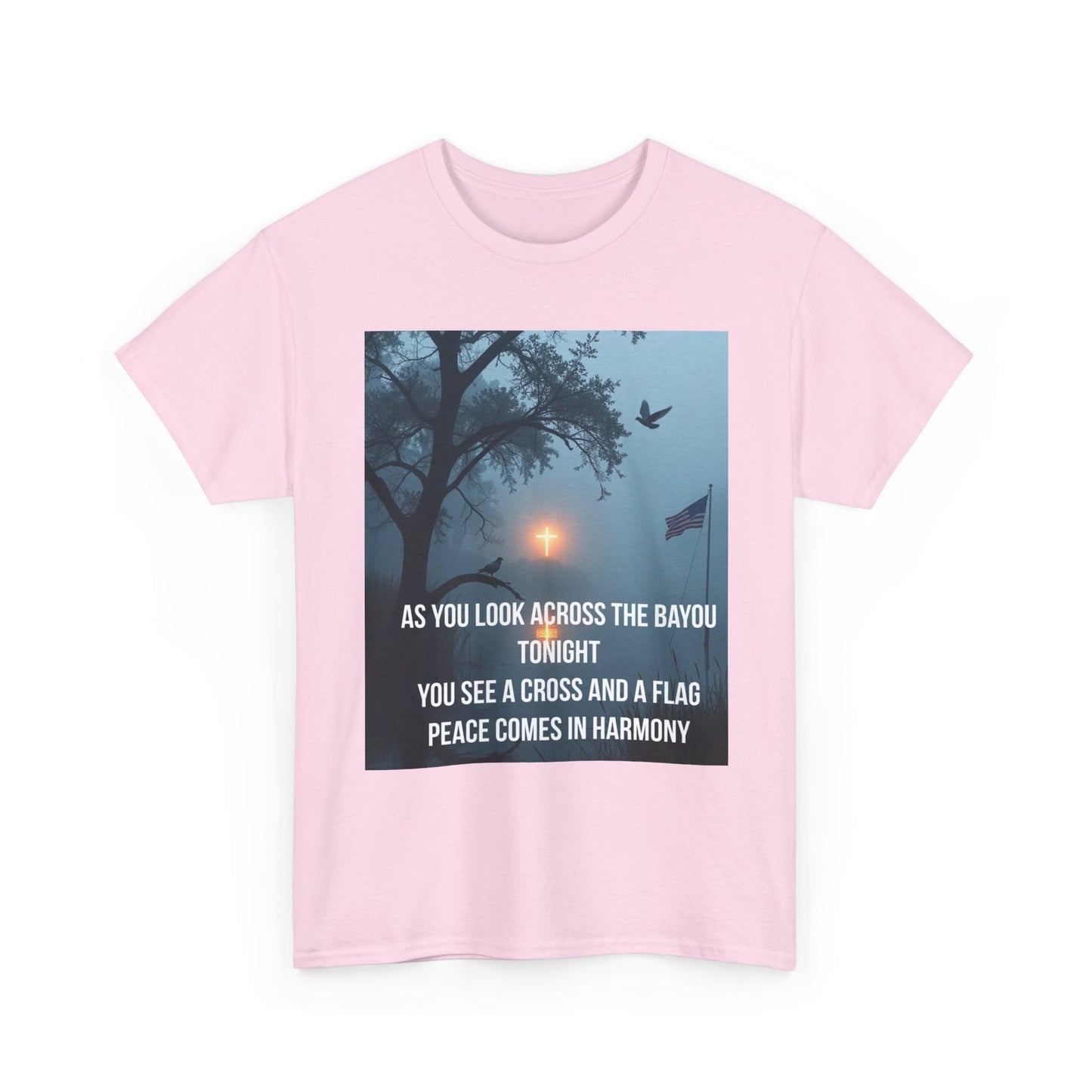 T‑Shirt — Bayou Cross & Flag Scene with Lyrics: “As You Look Across the Bayou Tonight”