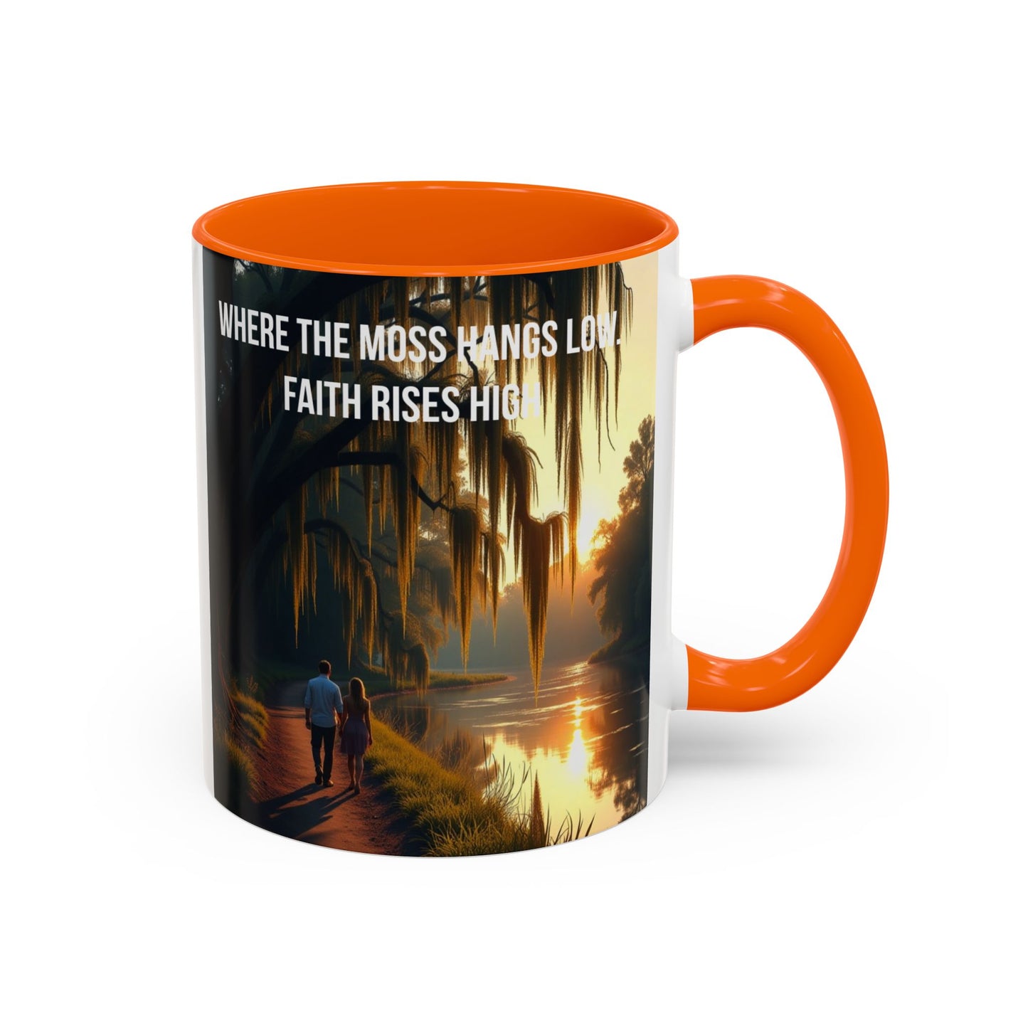 Accent Coffee Mug — "Where the Moss Hangs Low, Faith Rises High" Scenic Faith Inspirational Mug