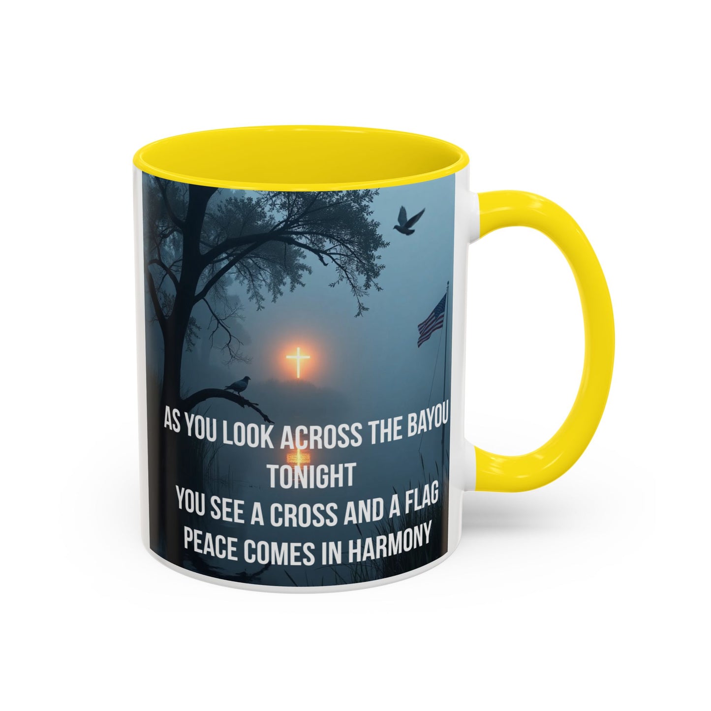 Bayou Cross & Flag Coffee Mug — Inspirational Southern Scene with Peaceful Verse (11/15 oz)