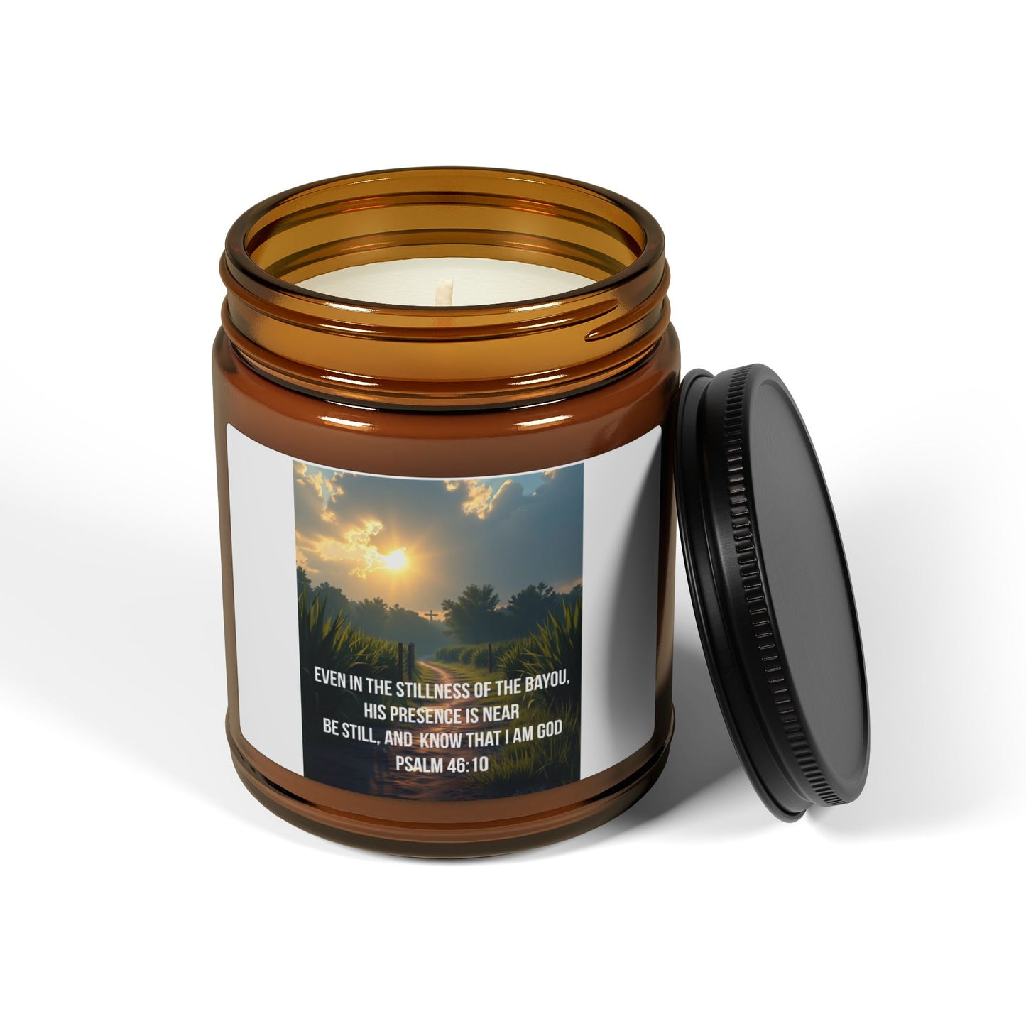 Inspirational Amber Jar Soy Candle — Psalm 46:10 Prayer Scented Candle (Multi-Size)