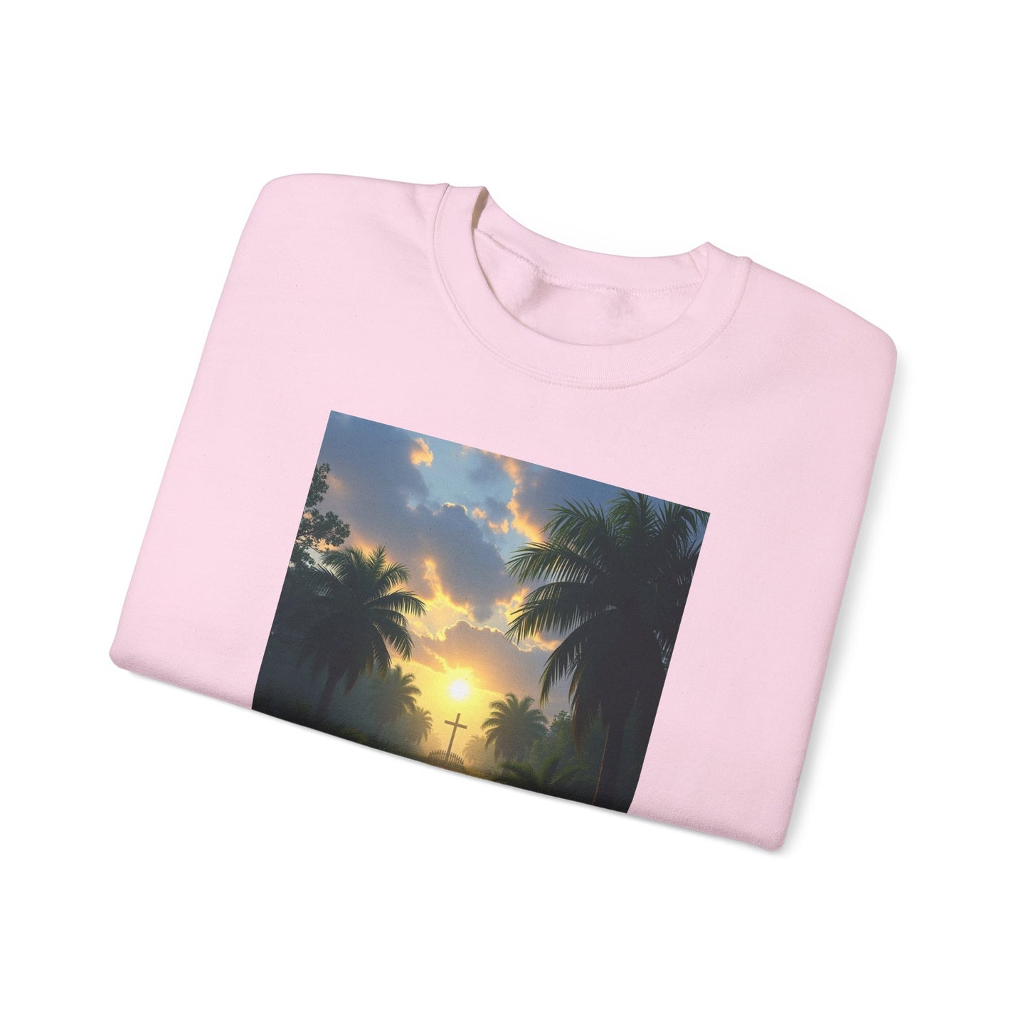 Sunset Palm Cross Sweatshirt — 'In the stillness of the night, The Bayou you whisper Grace'