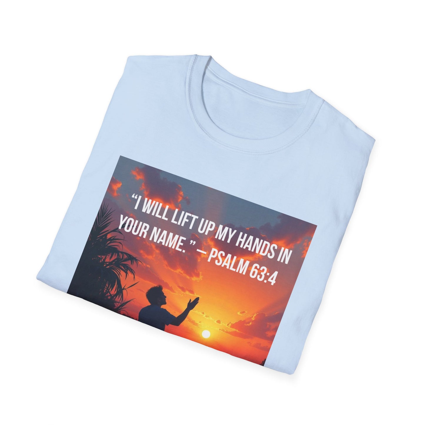 Psalm 63:4 Sunset Prayer T-Shirt — "I Will Lift Up My Hands in Your Name" Christian Tee