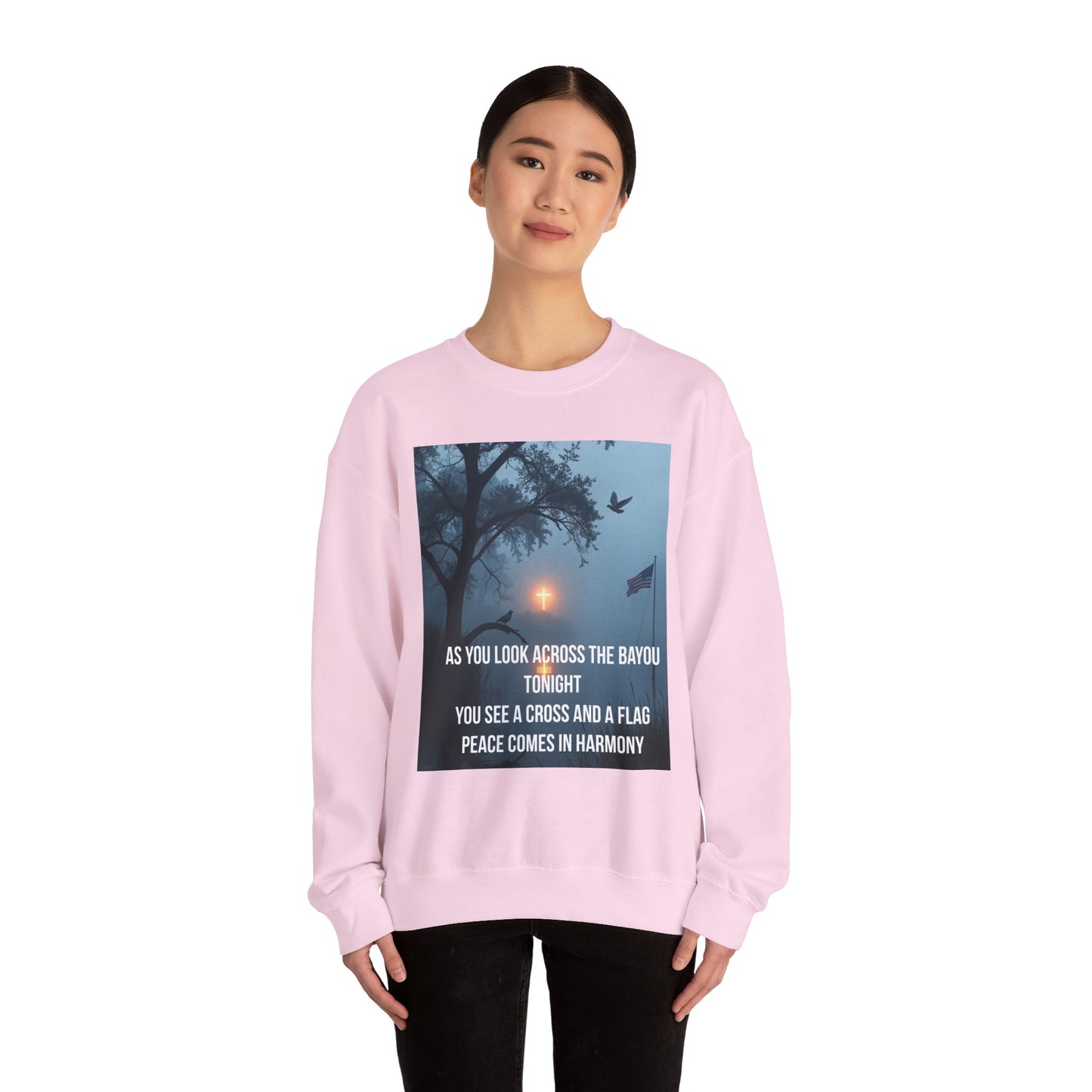 Crewneck Sweatshirt — Bayou Nightscape with Lyrics: "As You Look Across the Bayou Tonight"
