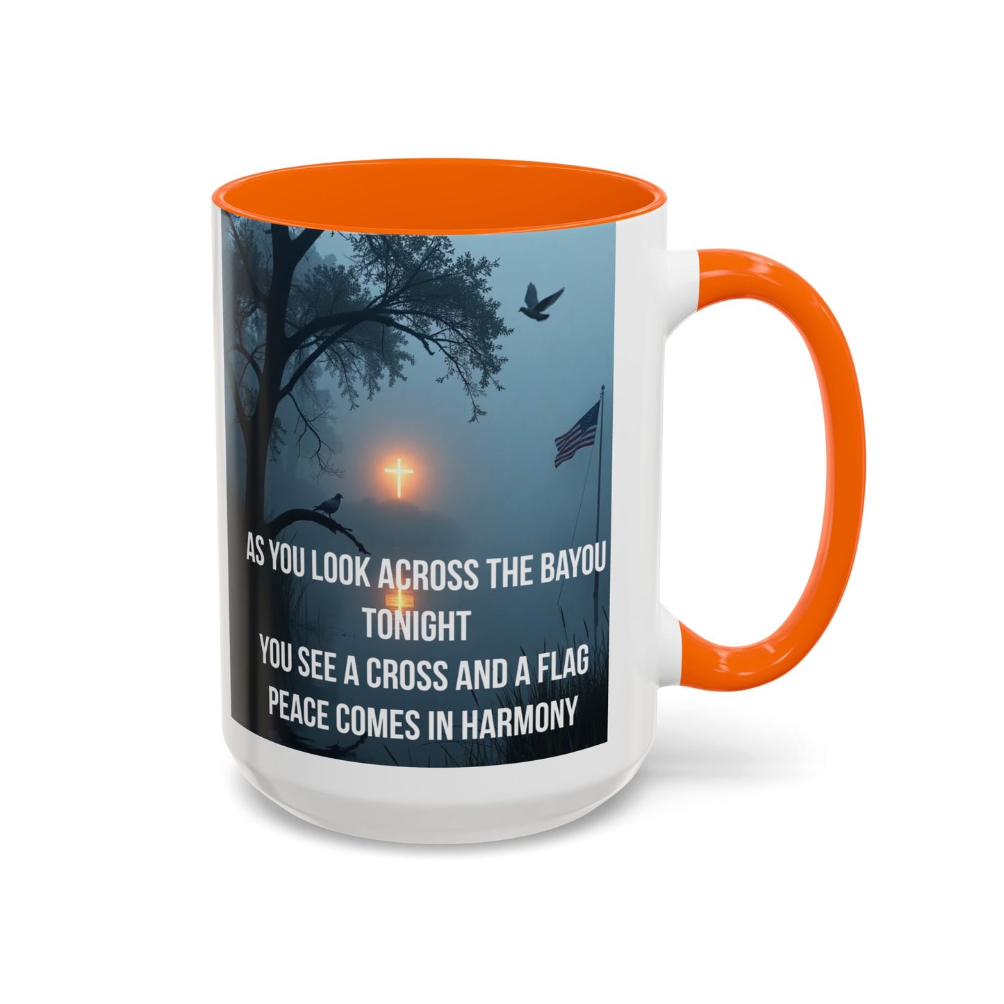 Bayou Cross & Flag Coffee Mug — Inspirational Southern Scene with Peaceful Verse (11/15 oz)