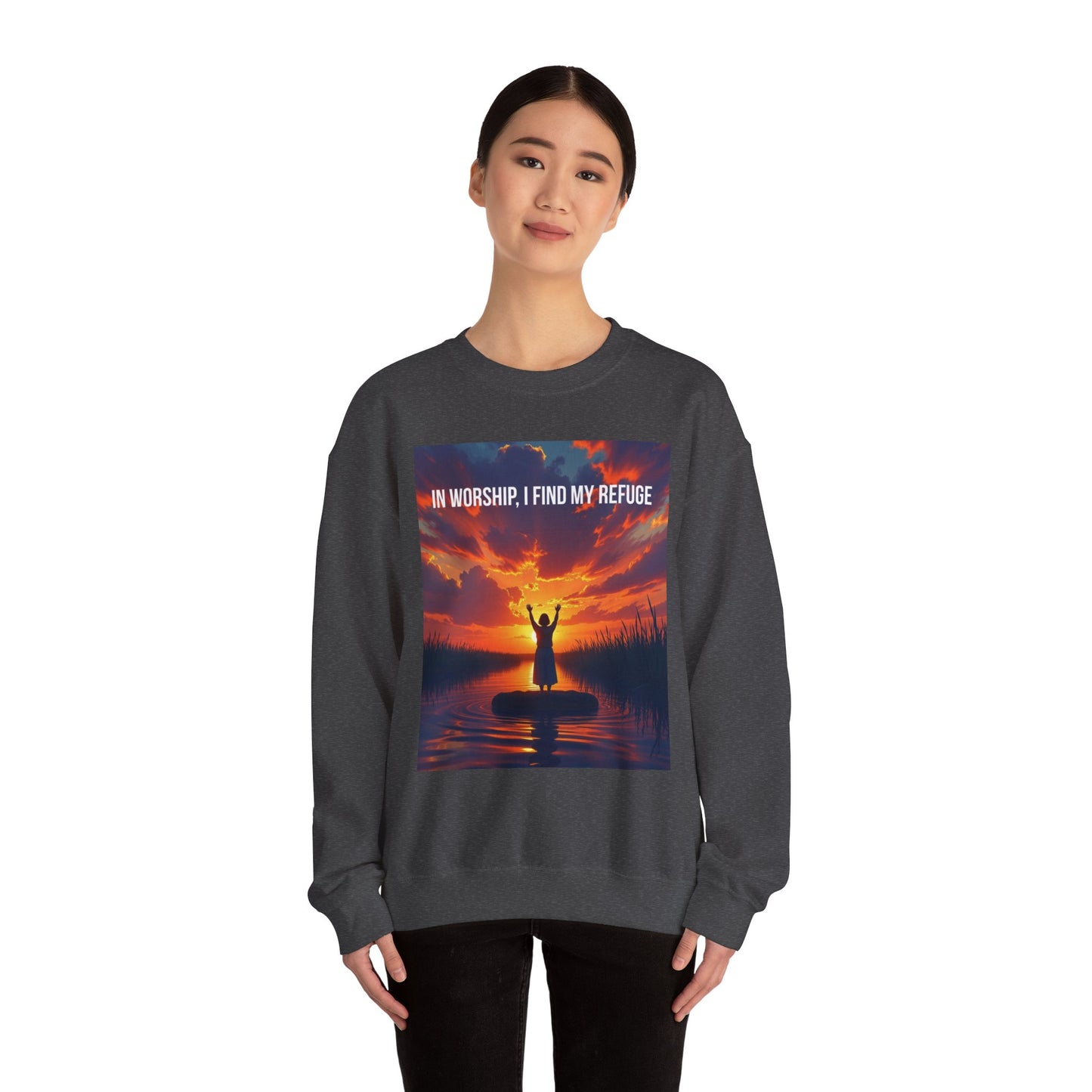 Worship Refuge Crewneck Sweatshirt — "In Worship, I Find My Refuge" Inspirational Faith Sweatshirt