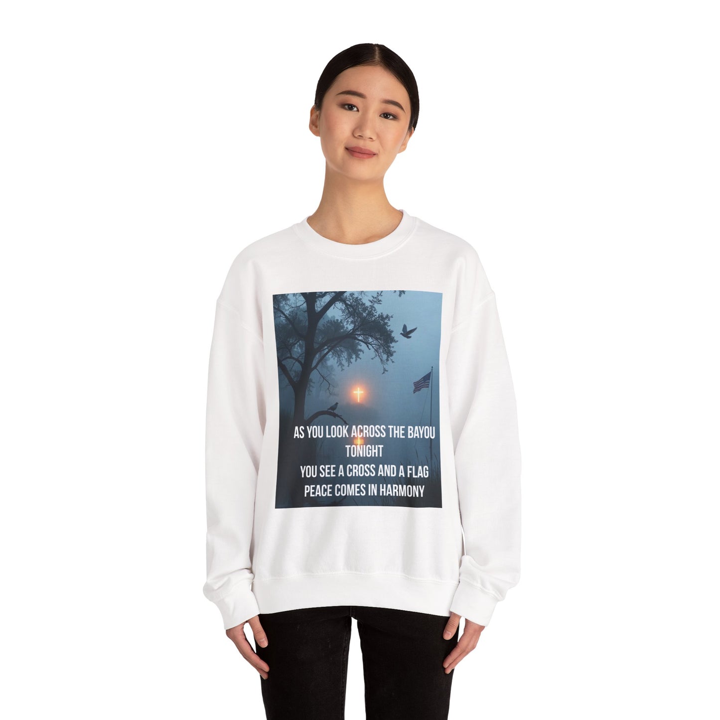Crewneck Sweatshirt — Bayou Nightscape with Lyrics: "As You Look Across the Bayou Tonight"