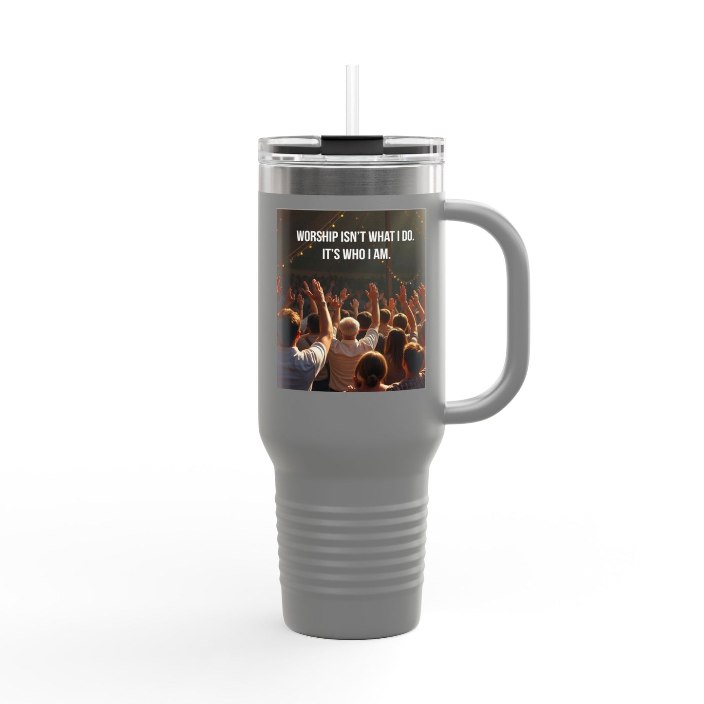 40oz Insulated Travel Mug — "Worship Isn't What I Do, It's Who I Am" Concert Crowd Design