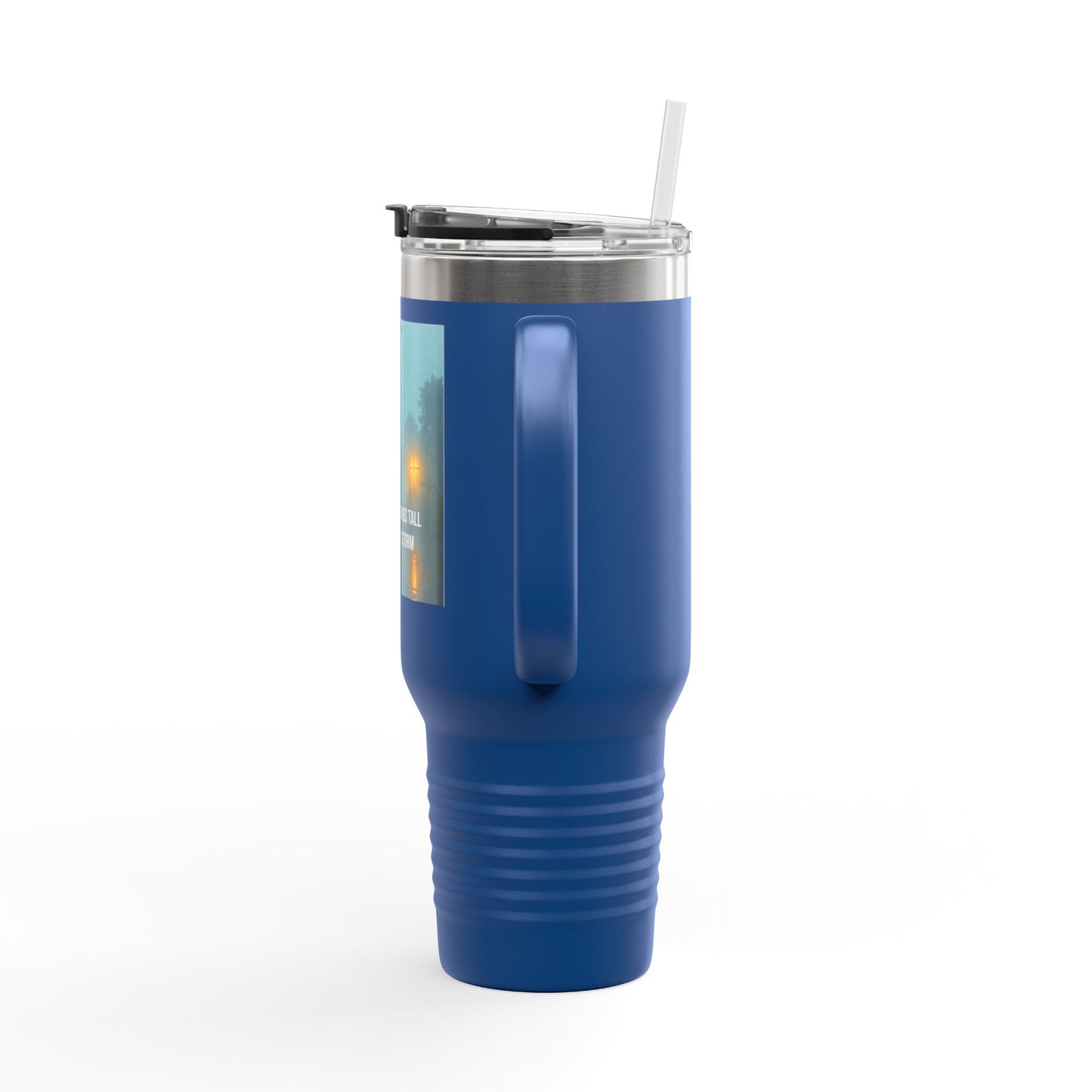 40oz Insulated Travel Mug — "The Cross Stands Tall Over Every Storm" Scenic Faith Design