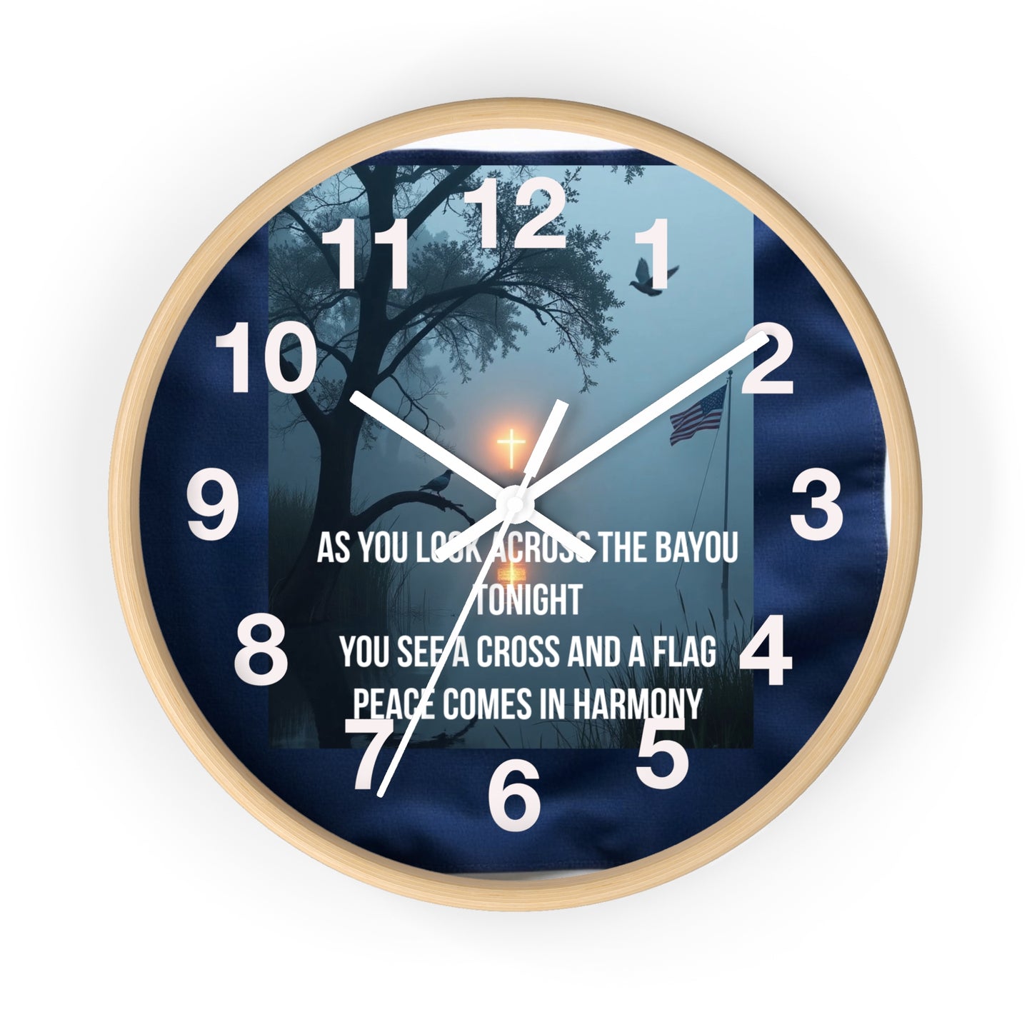 Bayou Cross & Flag Wall Clock — Patriotic Peaceful Scene with Lyrics
