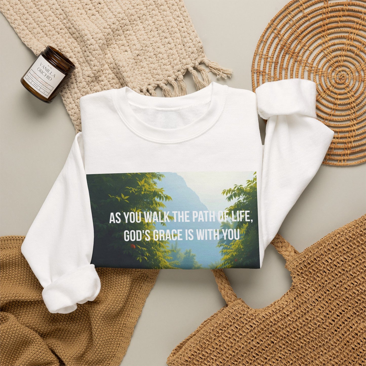 Crewneck Sweatshirt — "As You Walk the Path of Life, God’s Grace Is With You" Inspirational Christian Sweatshirt