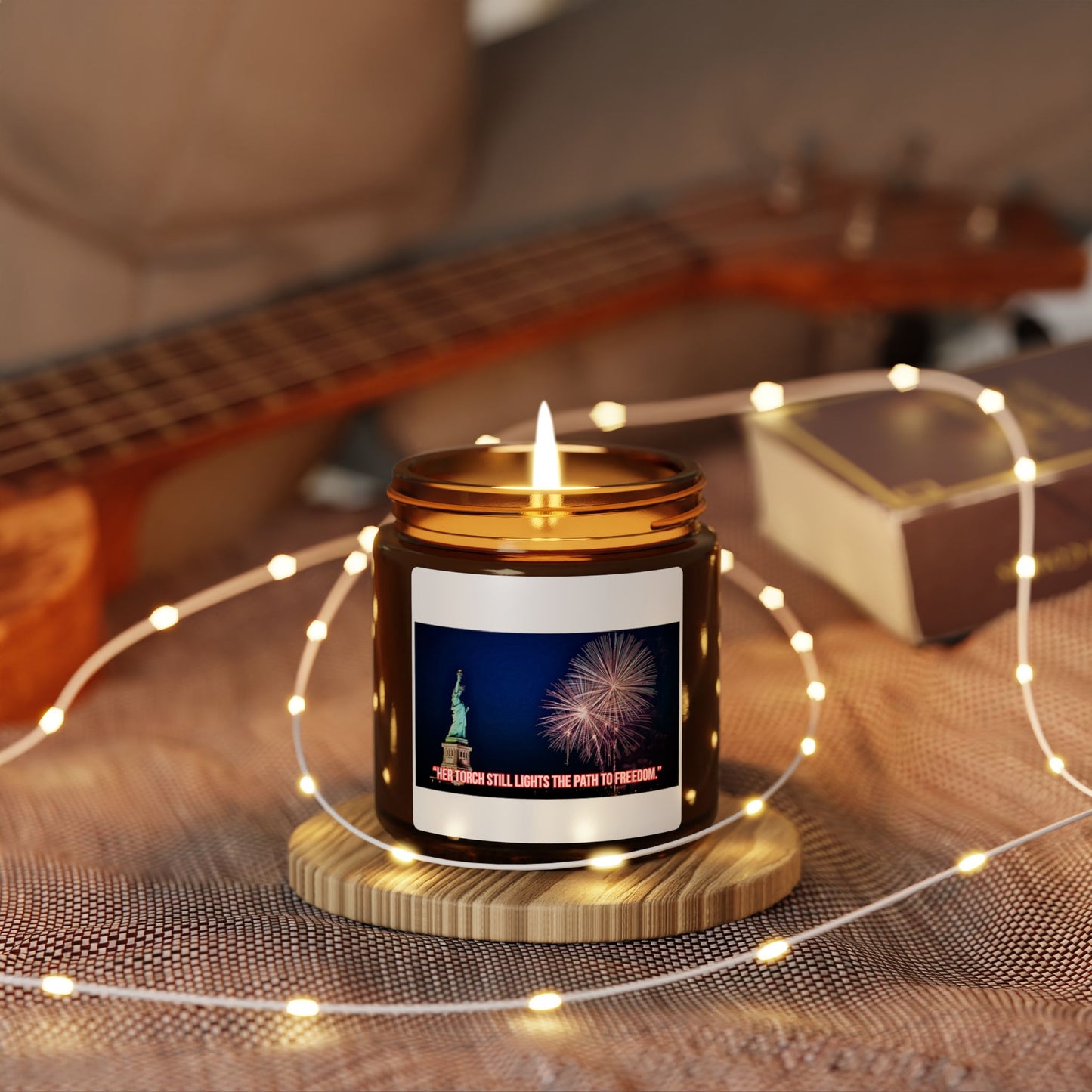 Liberty Night Soy Candle — Amber Jar, Statue of Liberty & Fireworks Design