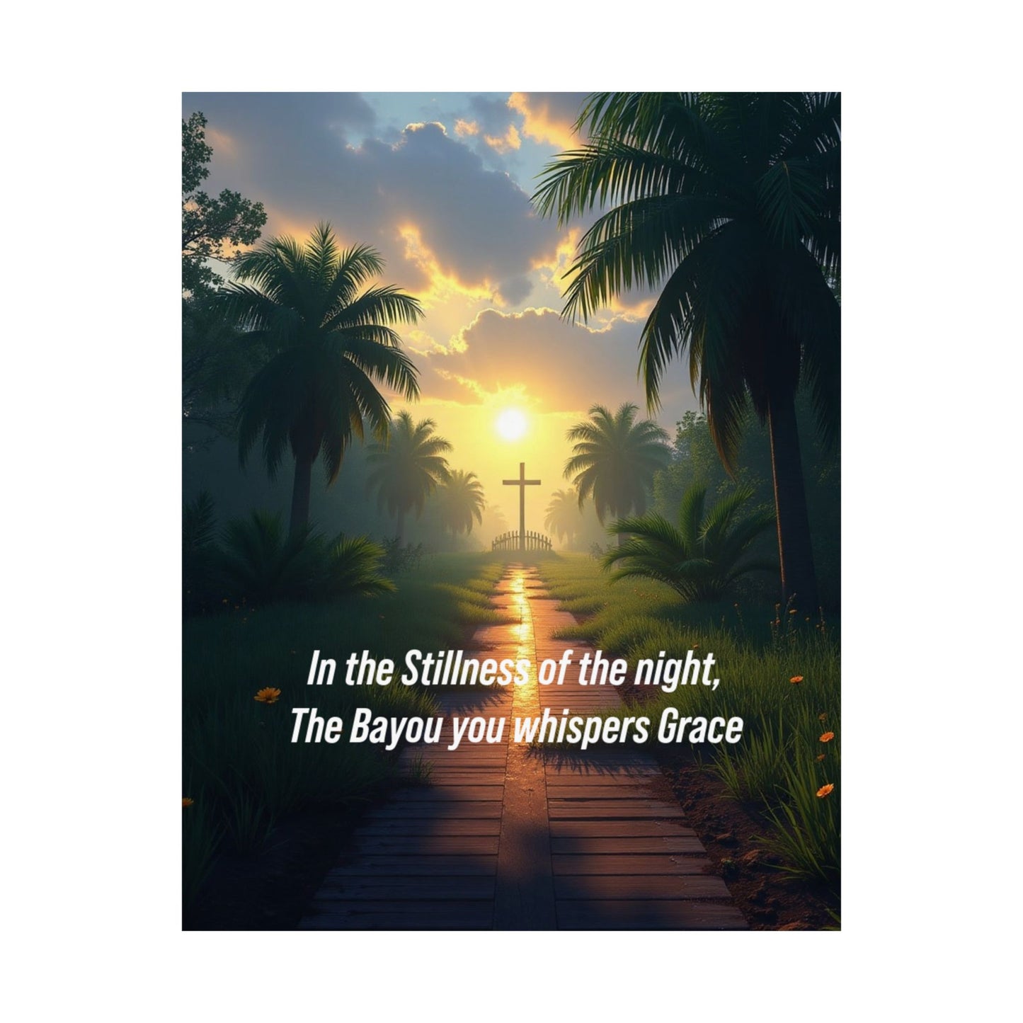 Christian Bayou Sunset Satin Poster — "In the Stillness of the Night, The Bayou You Whispers Grace"