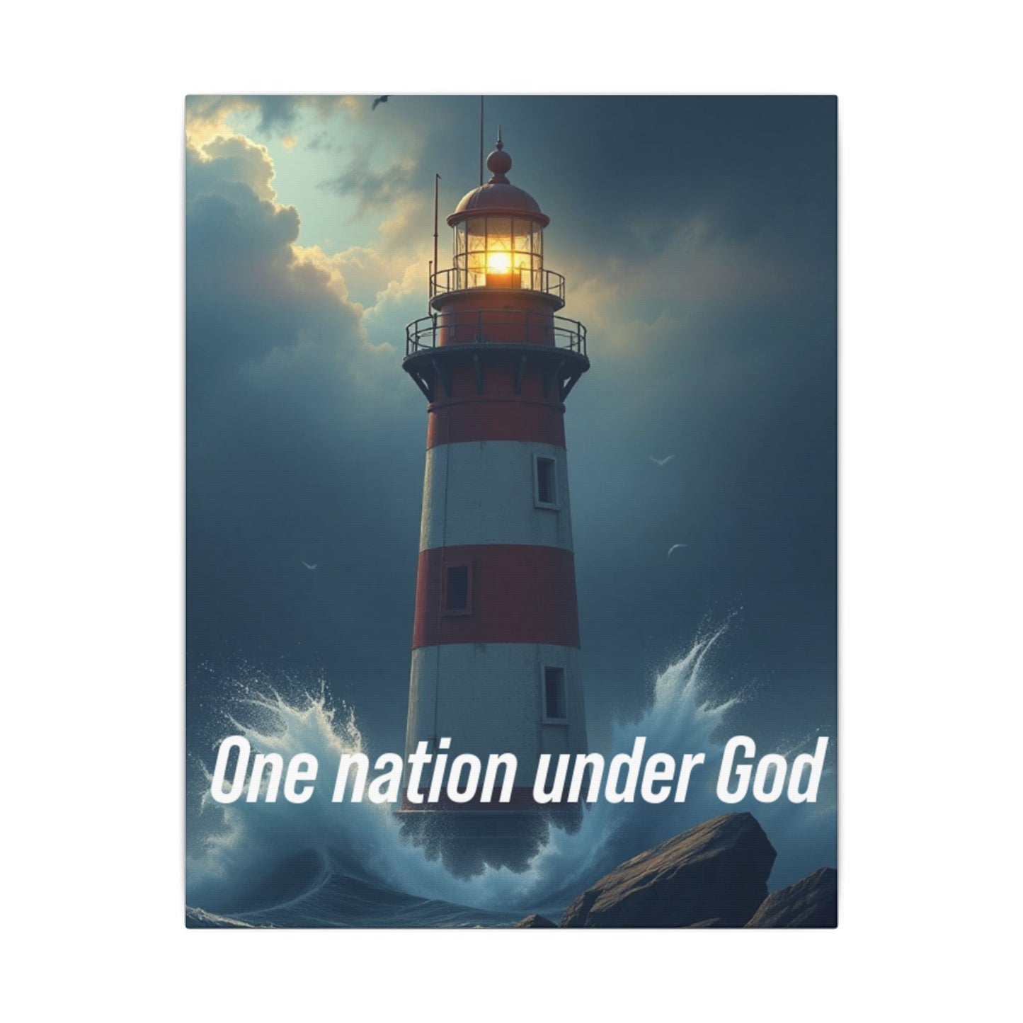Lighthouse Matte Canvas Wall Art - "One Nation Under God" Patriotic Coastal Print