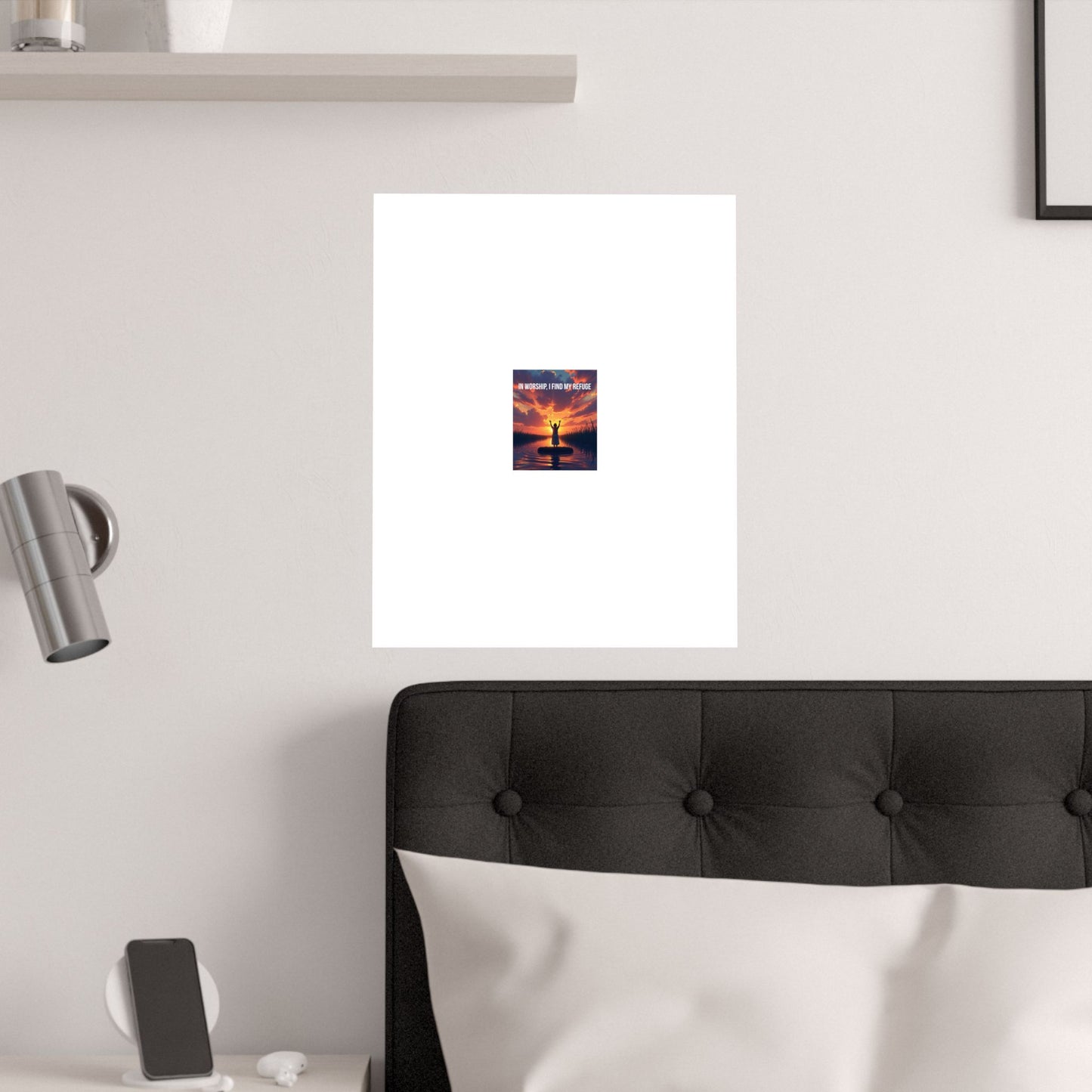 Inspirational Satin Poster — "In Worship I Find My Refuge" Sunset Silhouette