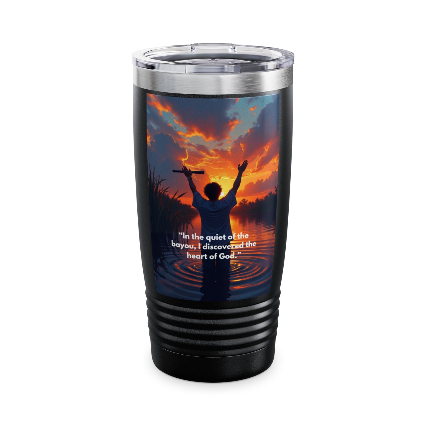 Inspirational Bayou Sunset Tumbler — 20oz Ringneck with 'In the quiet of the bayou, I discovered the heart of God'