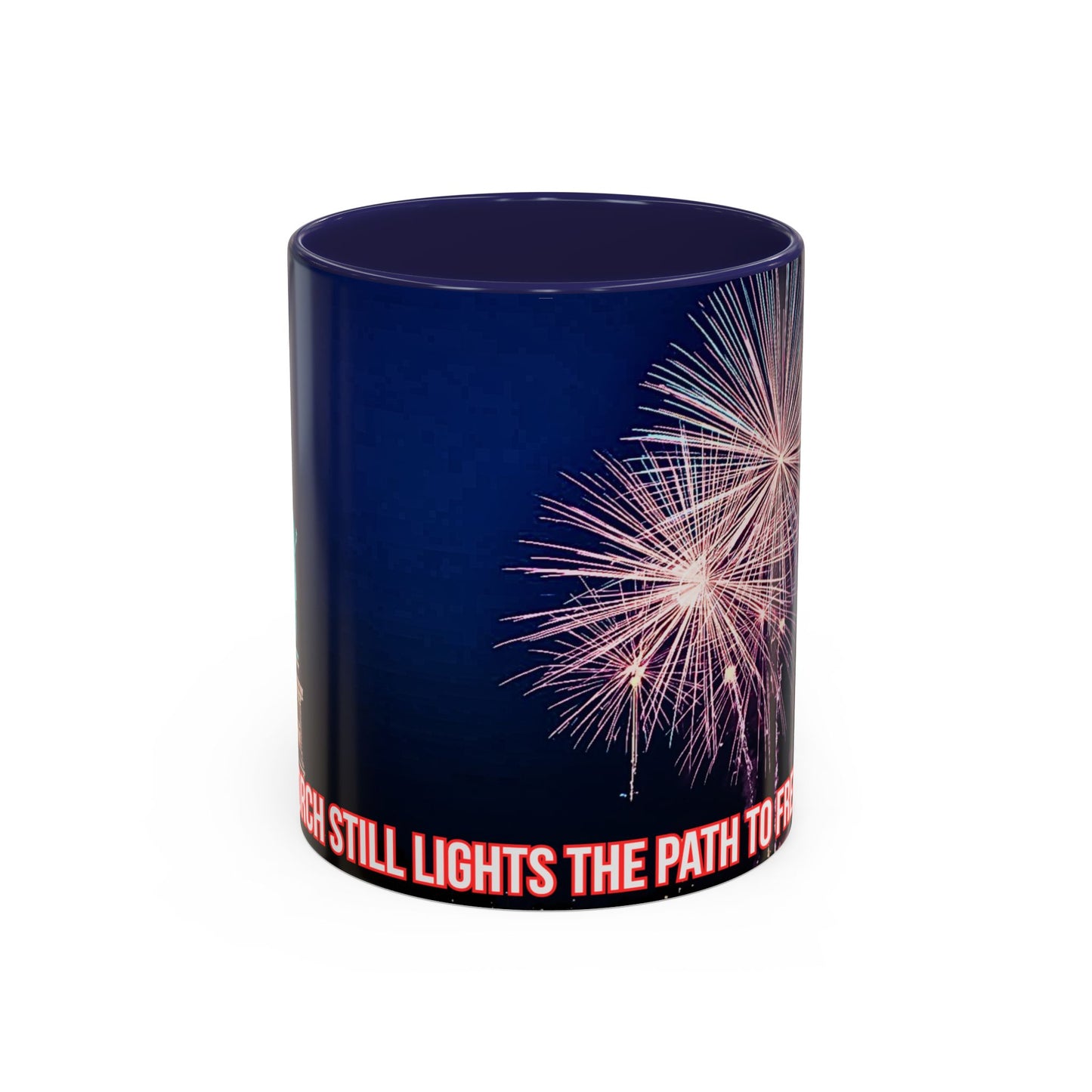 Fireworks Accent Coffee Mug — Inspirational "Lights the Path to Freedom" Design