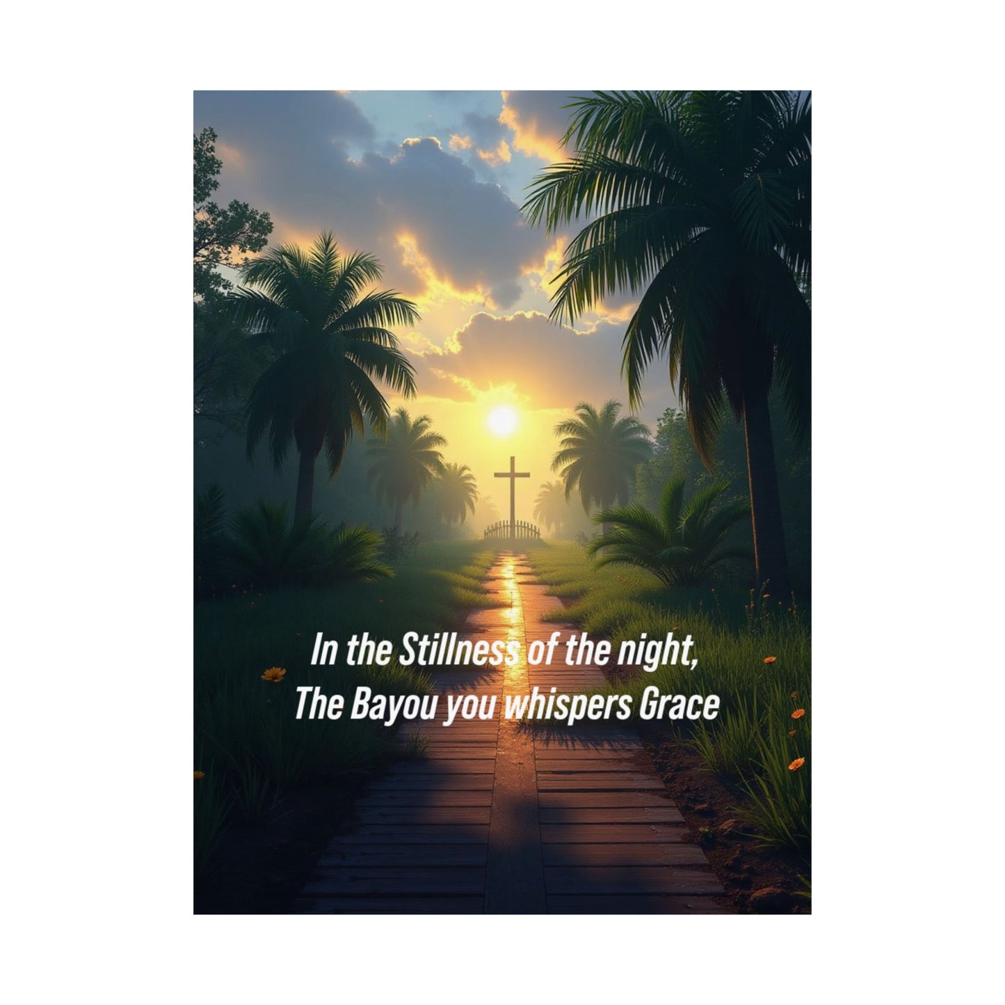 Christian Bayou Sunset Satin Poster — "In the Stillness of the Night, The Bayou You Whispers Grace"