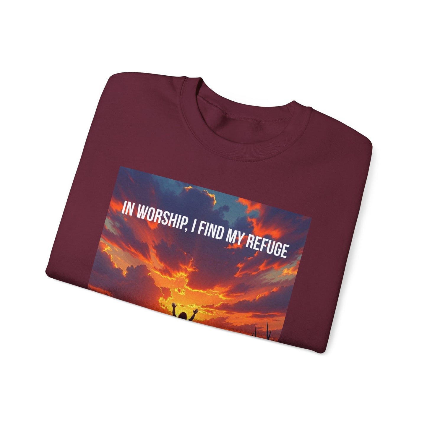 Worship Refuge Crewneck Sweatshirt — "In Worship, I Find My Refuge" Inspirational Faith Sweatshirt