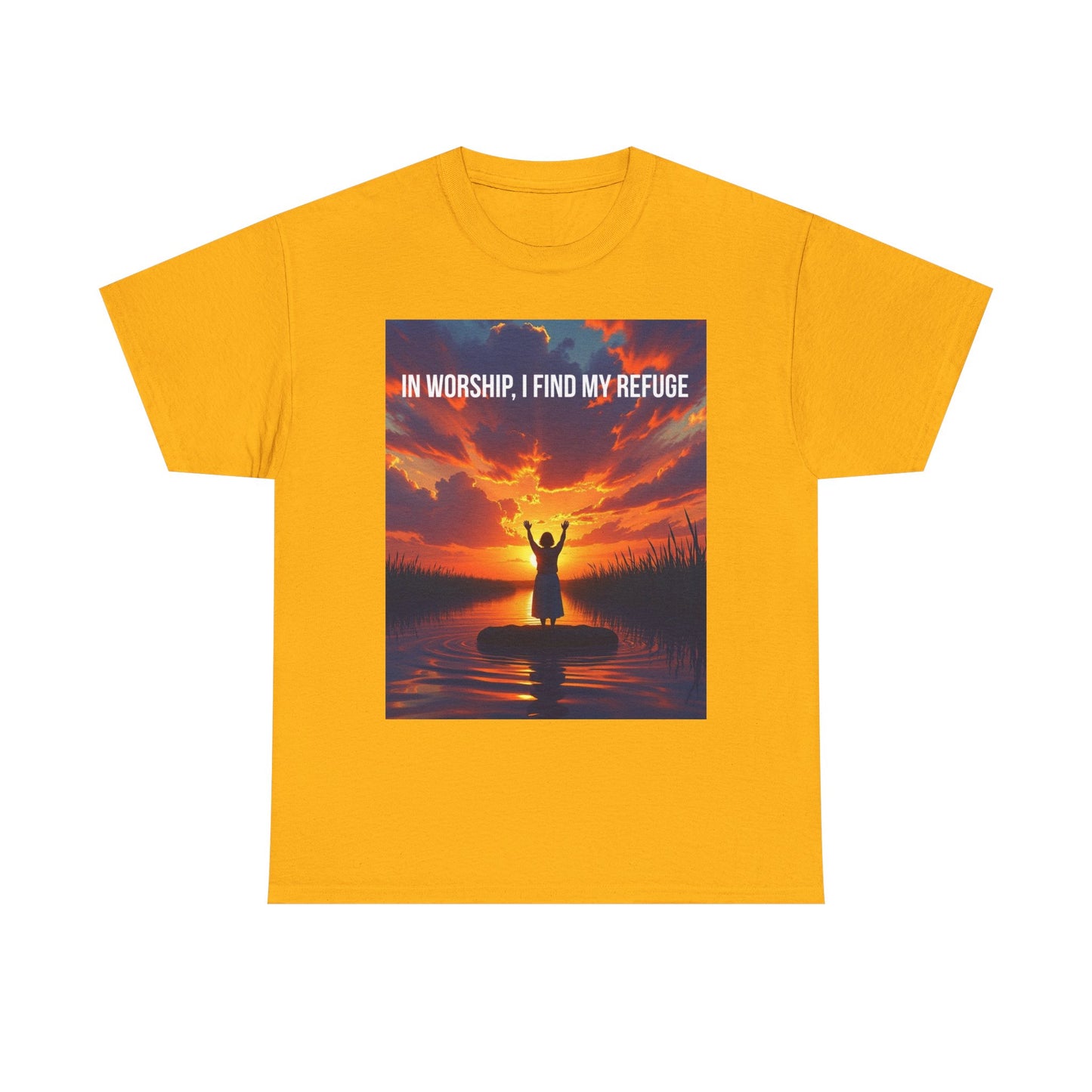 Worship Refuge T-Shirt — "In Worship, I Find My Refuge" Sunset Silhouette Christian Tee