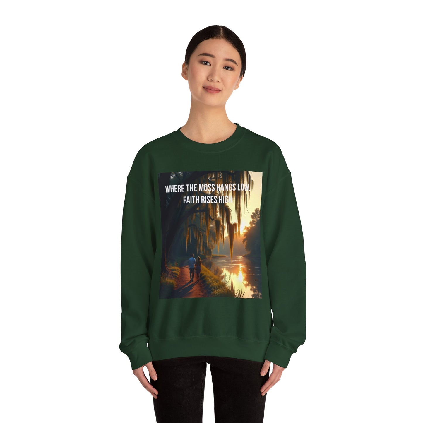 Inspirational Southern Bayou Sweatshirt — "Where the Moss Hangs Low, Faith Rises High"