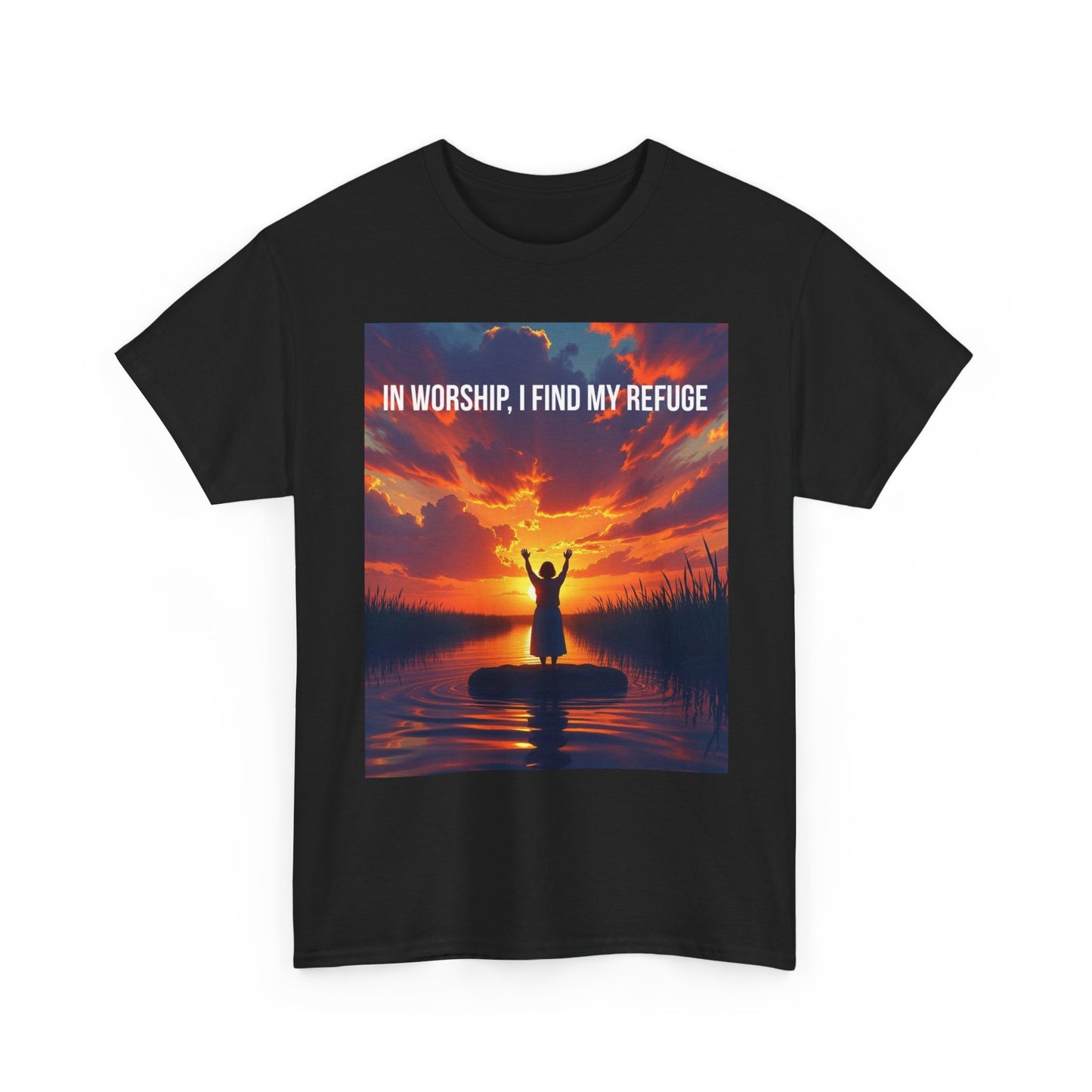 Worship Refuge T-Shirt — "In Worship, I Find My Refuge" Sunset Silhouette Christian Tee
