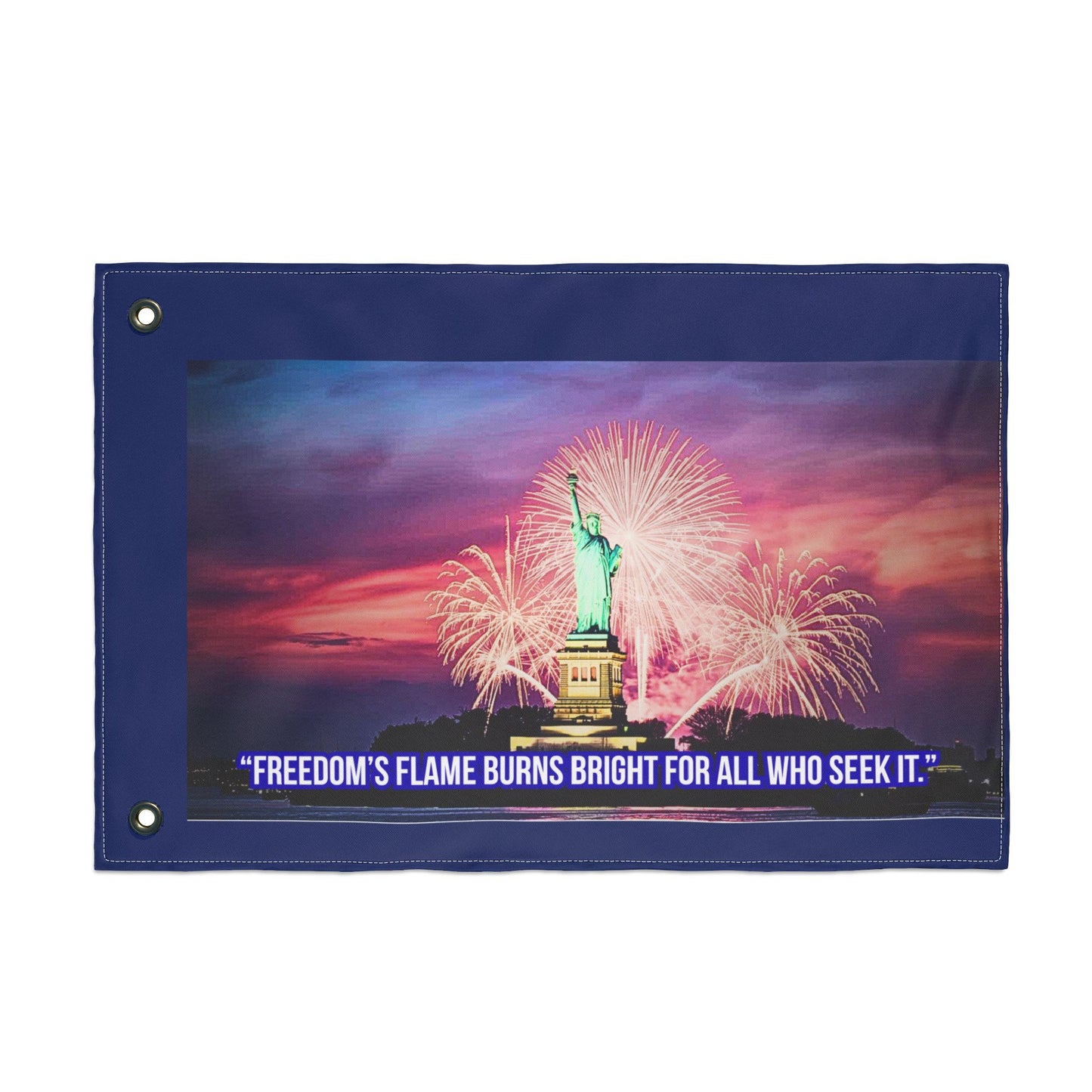 Double-Sided Flag - Statue of Liberty Fireworks Design with Quote "Freedom's Flame Burns Bright For All Who Seek It" — Patriotic [...]