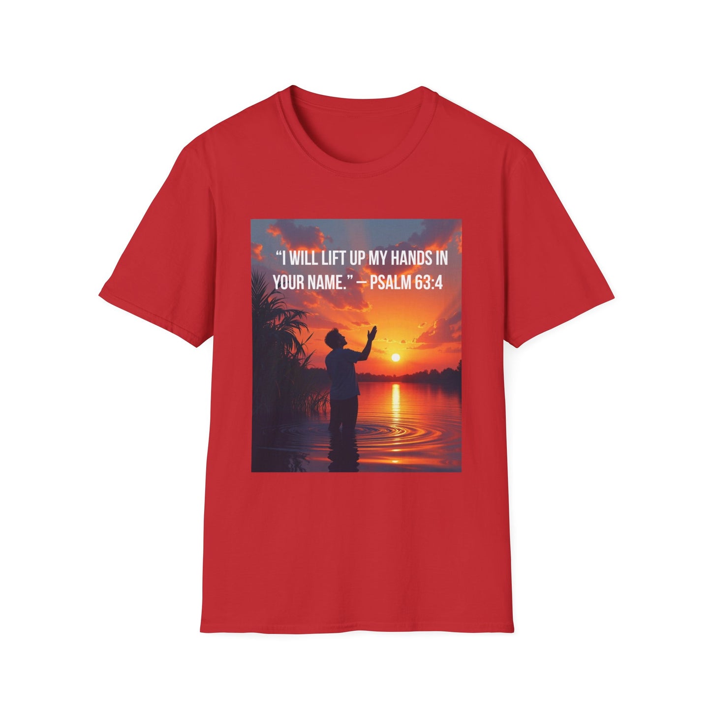 Psalm 63:4 Sunset Prayer T-Shirt — "I Will Lift Up My Hands in Your Name" Christian Tee