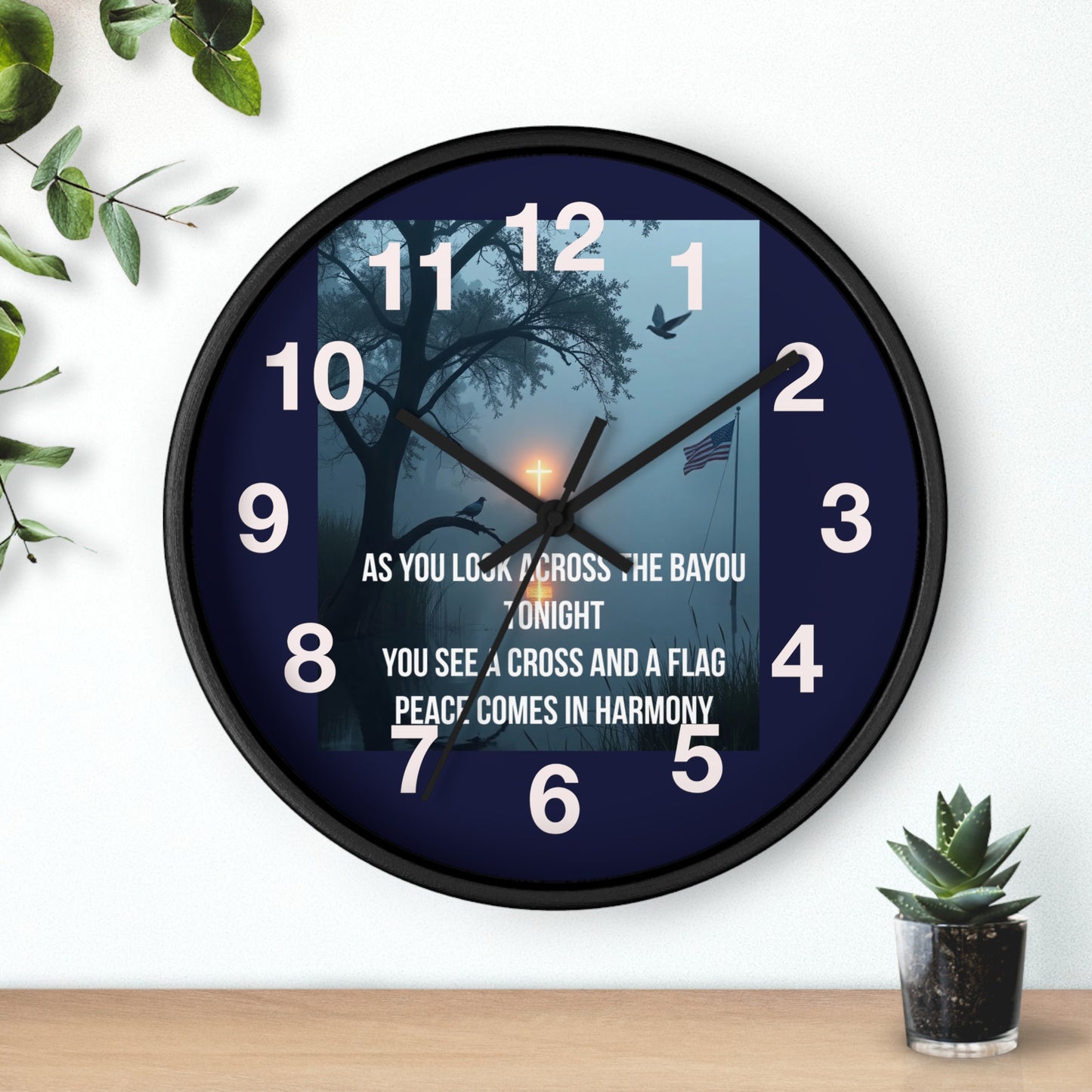 Bayou Cross & Flag Wall Clock — Patriotic Peaceful Sunset Decor
