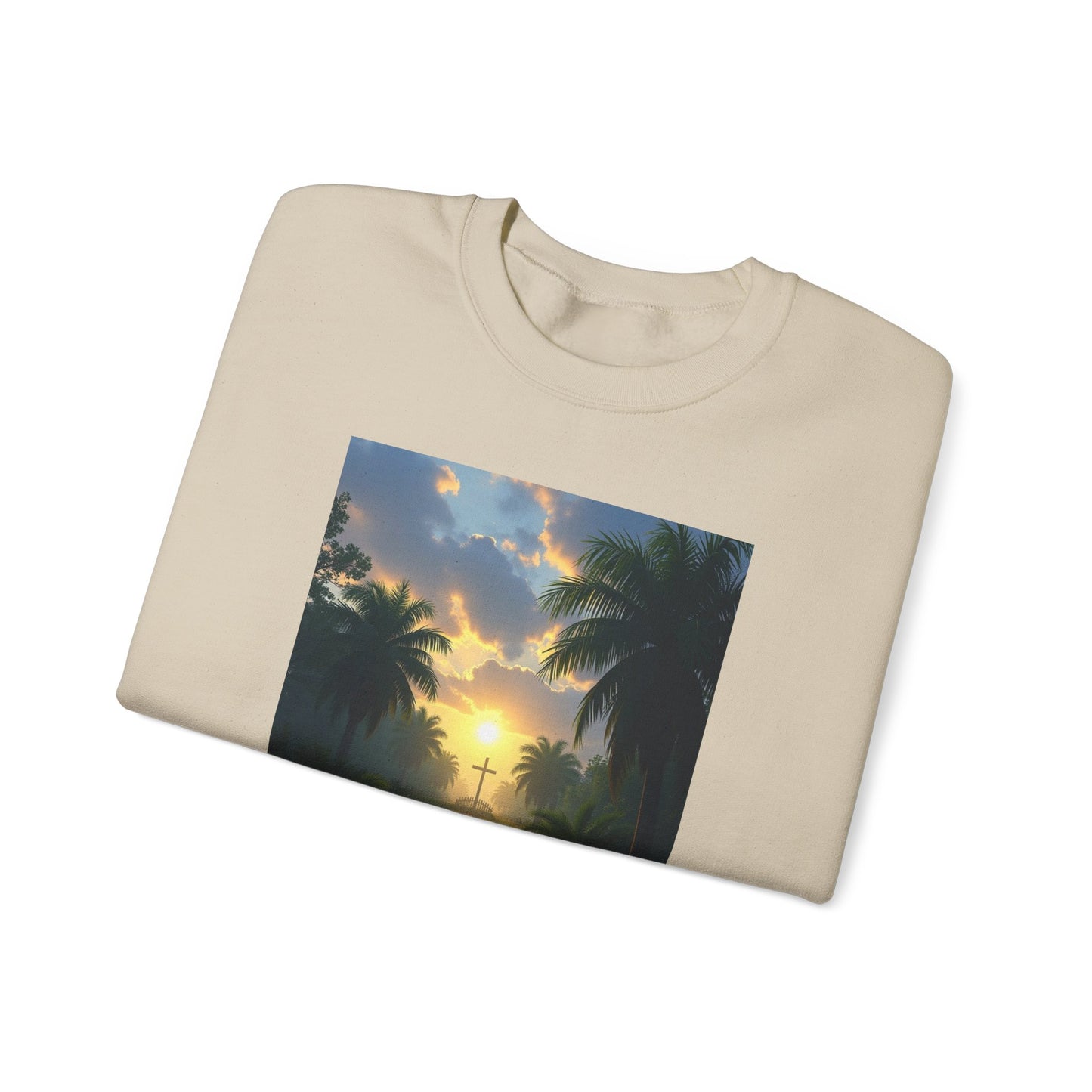 Sunset Palm Cross Sweatshirt — 'In the stillness of the night, The Bayou you whisper Grace'