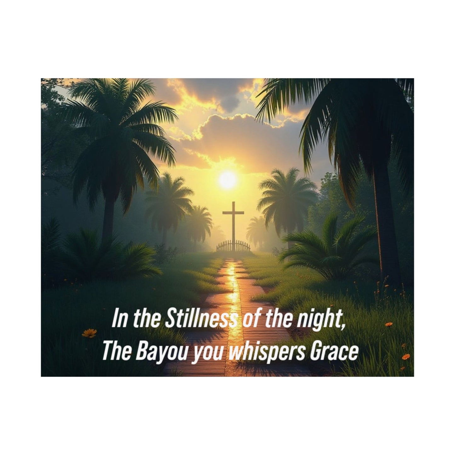 Christian Bayou Sunset Satin Poster — "In the Stillness of the Night, The Bayou You Whispers Grace"