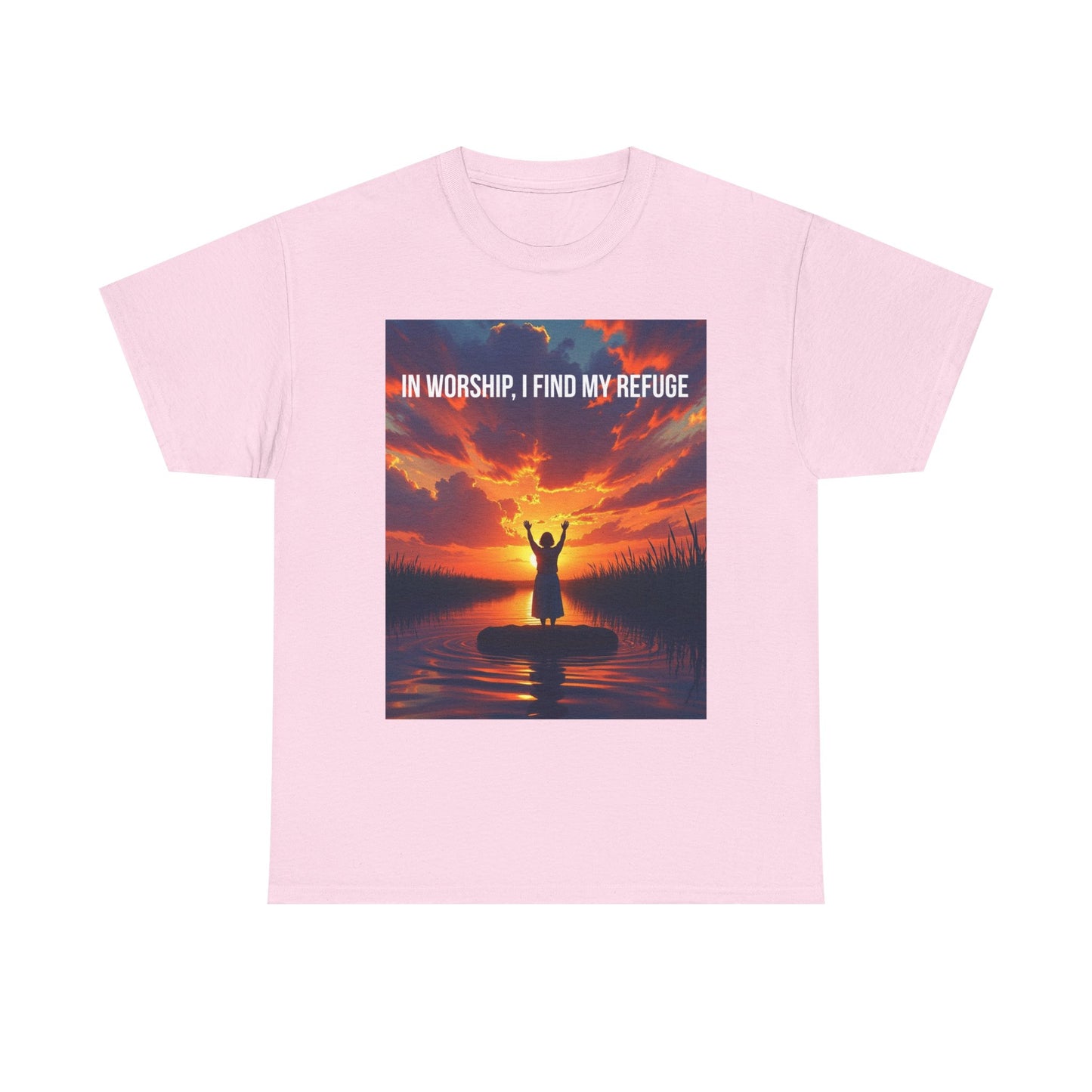 Worship Refuge T-Shirt — "In Worship, I Find My Refuge" Sunset Silhouette Christian Tee