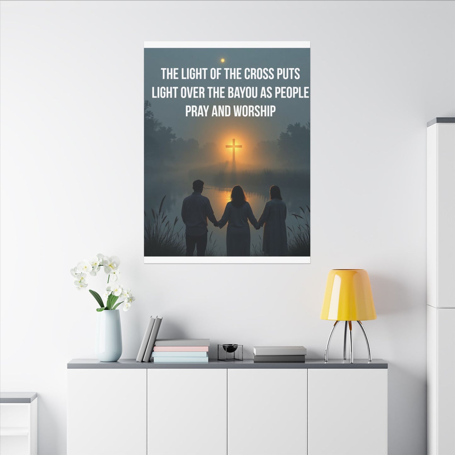 Faith Wall Art Canvas — “The Light of the Cross Puts Light Over the Bayou as People Pray and Worship”