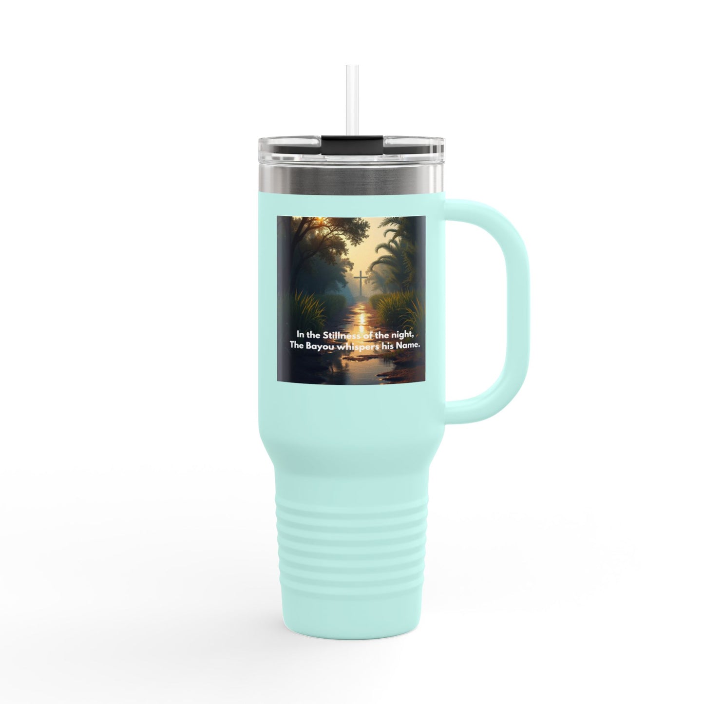 40oz Insulated Travel Mug — Tropical Sunset Scenic Design with Inspirational Quote
