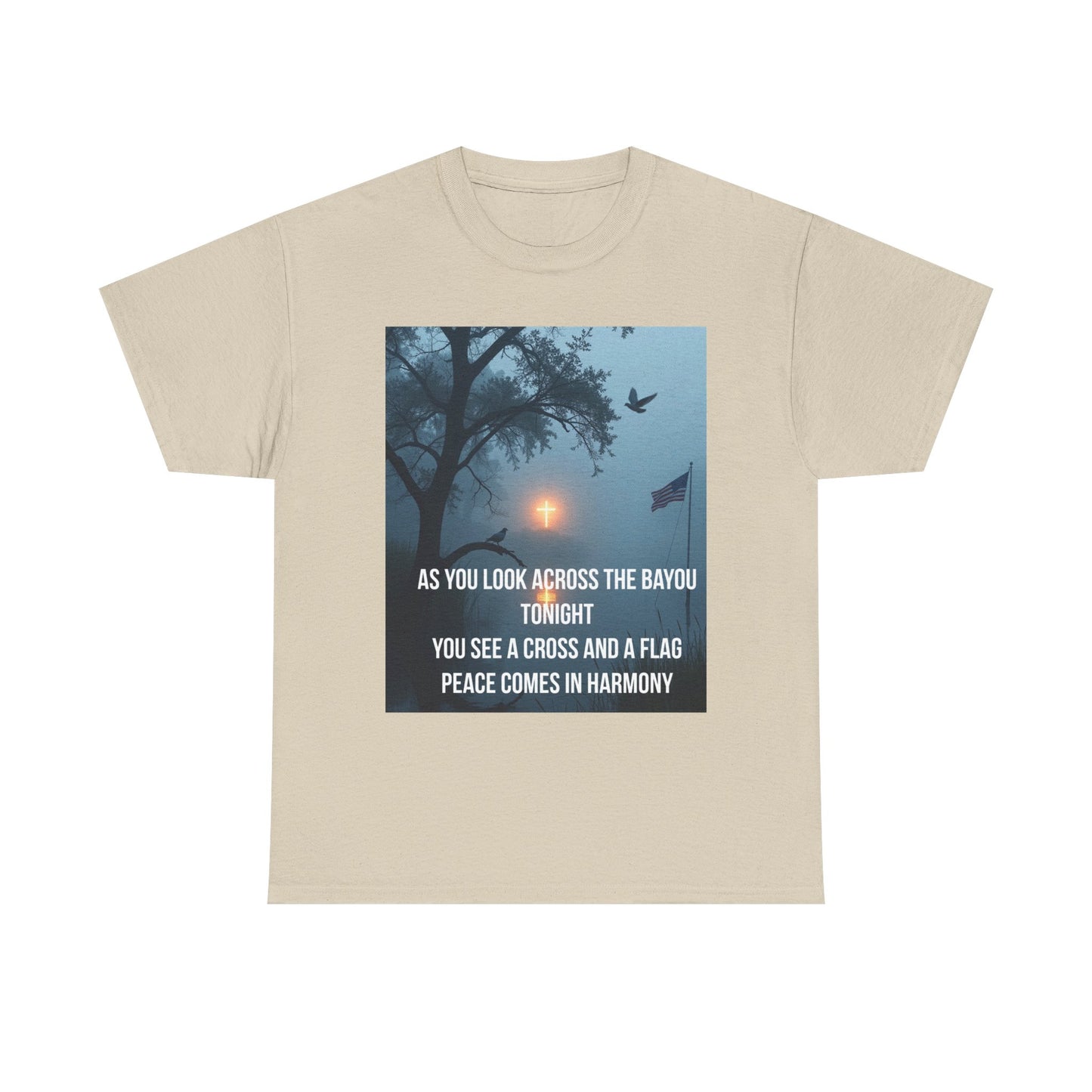 T‑Shirt — Bayou Cross & Flag Scene with Lyrics: “As You Look Across the Bayou Tonight”