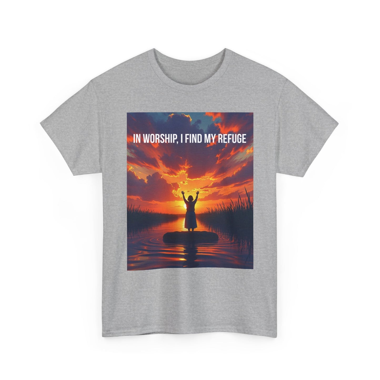 Worship Refuge T-Shirt — "In Worship, I Find My Refuge" Sunset Silhouette Christian Tee