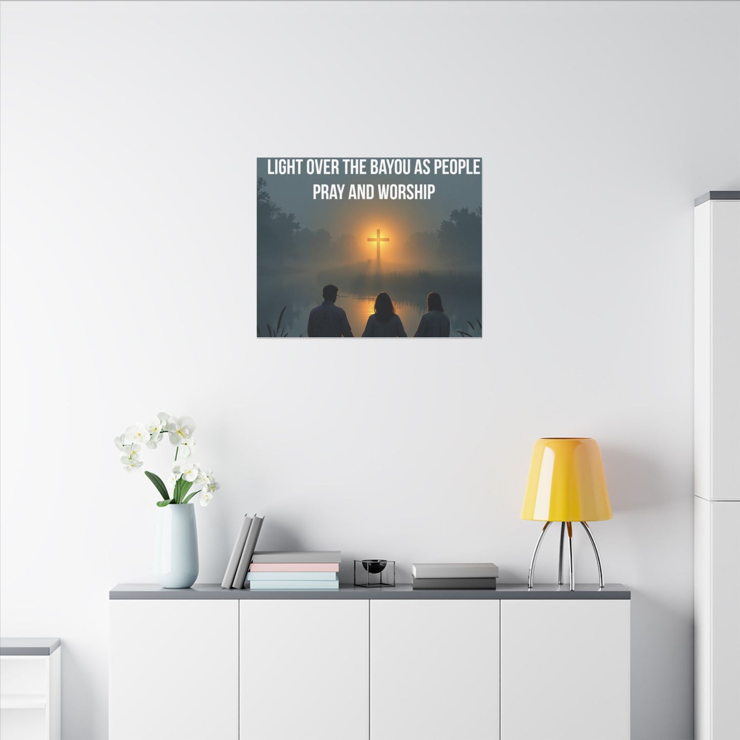 Faith Wall Art Canvas — “The Light of the Cross Puts Light Over the Bayou as People Pray and Worship”