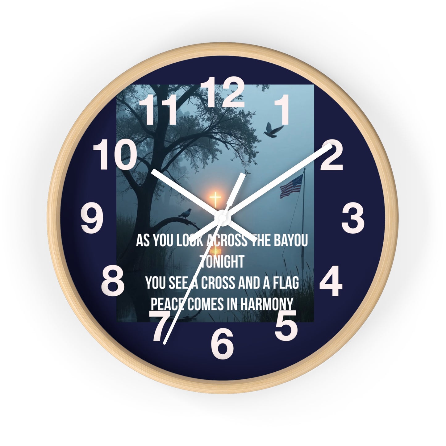 Bayou Cross & Flag Wall Clock — Patriotic Peaceful Sunset Decor