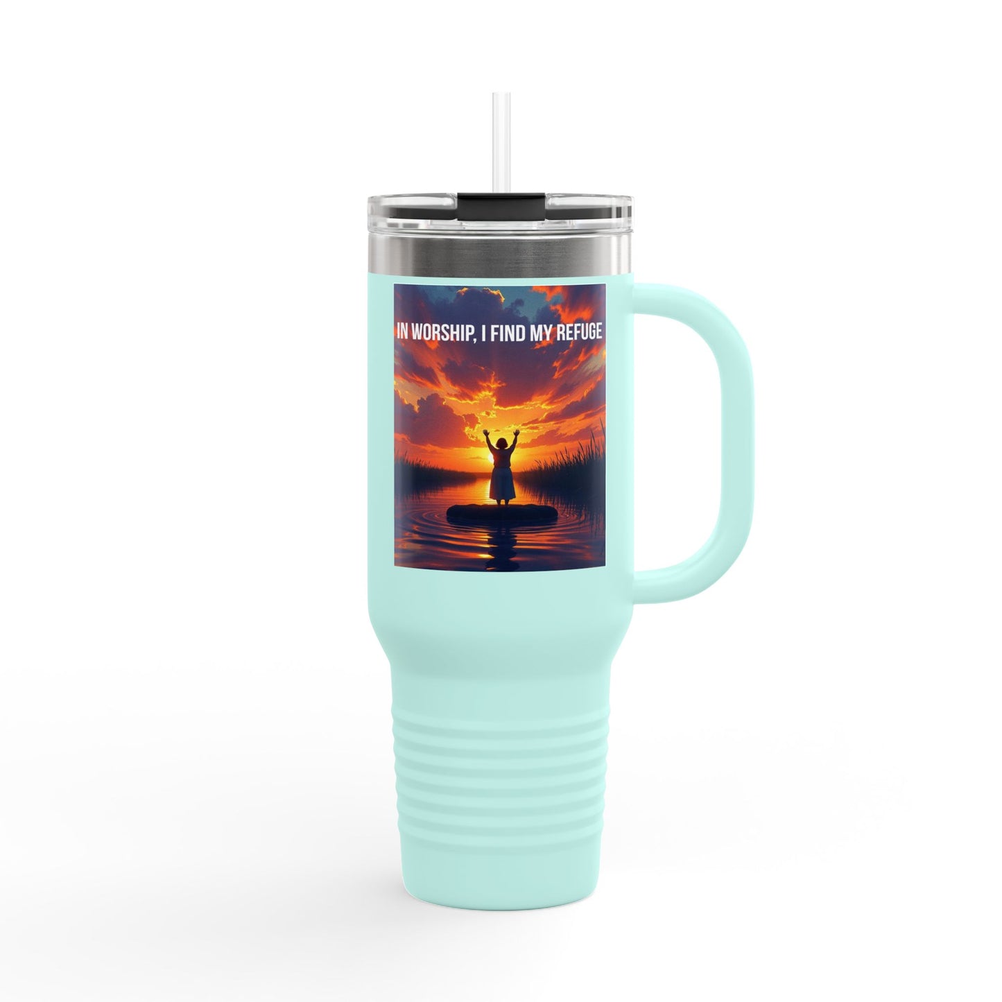 40oz Insulated Travel Mug — "In Worship I Find My Refuge" Sunset Paddleboard Design