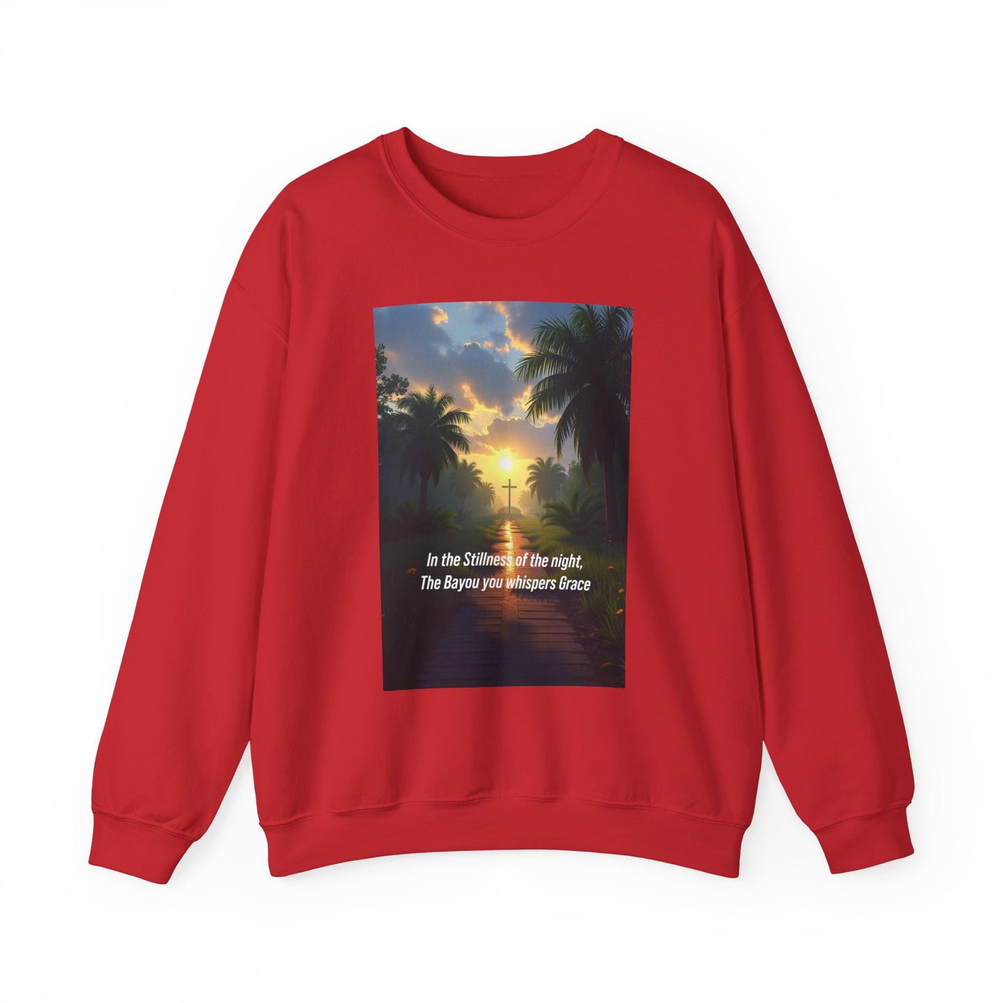 Sunset Palm Cross Sweatshirt — 'In the stillness of the night, The Bayou you whisper Grace'