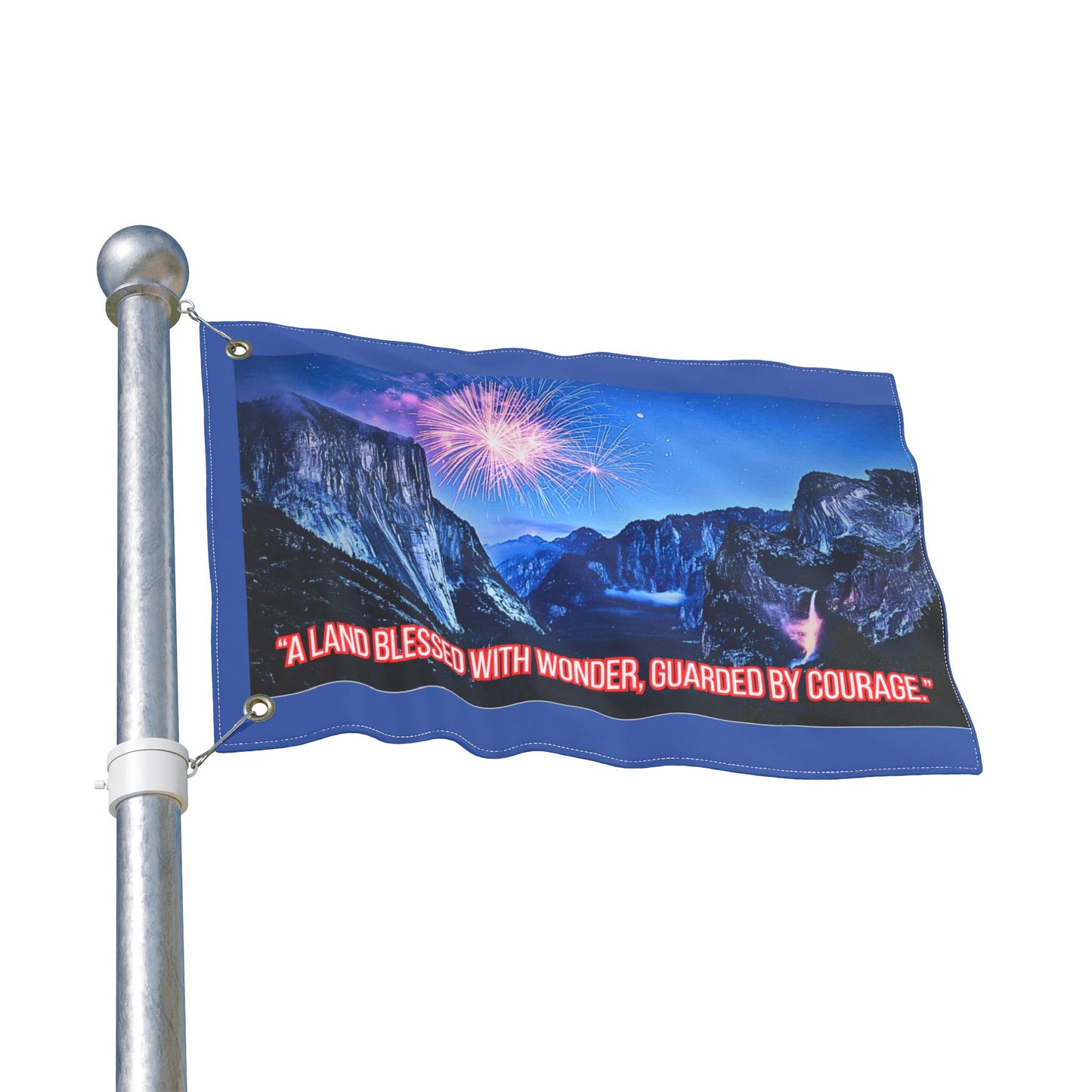 Patriotic Fireworks Yosemite Double-Sided Flag — "A Land Blessed With Wonder, Guarded By Courage"