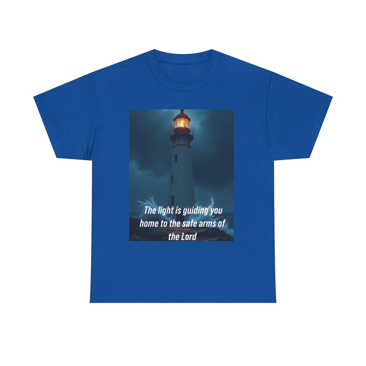 Christian Lighthouse T-Shirt — "The light is guiding you home to the safe arms of the Lord"