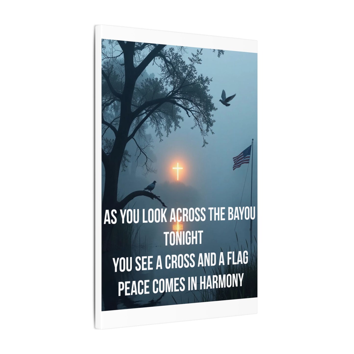 Bayou Cross & Flag Matte Canvas Wall Art – Inspirational Patriotic Christian Quote