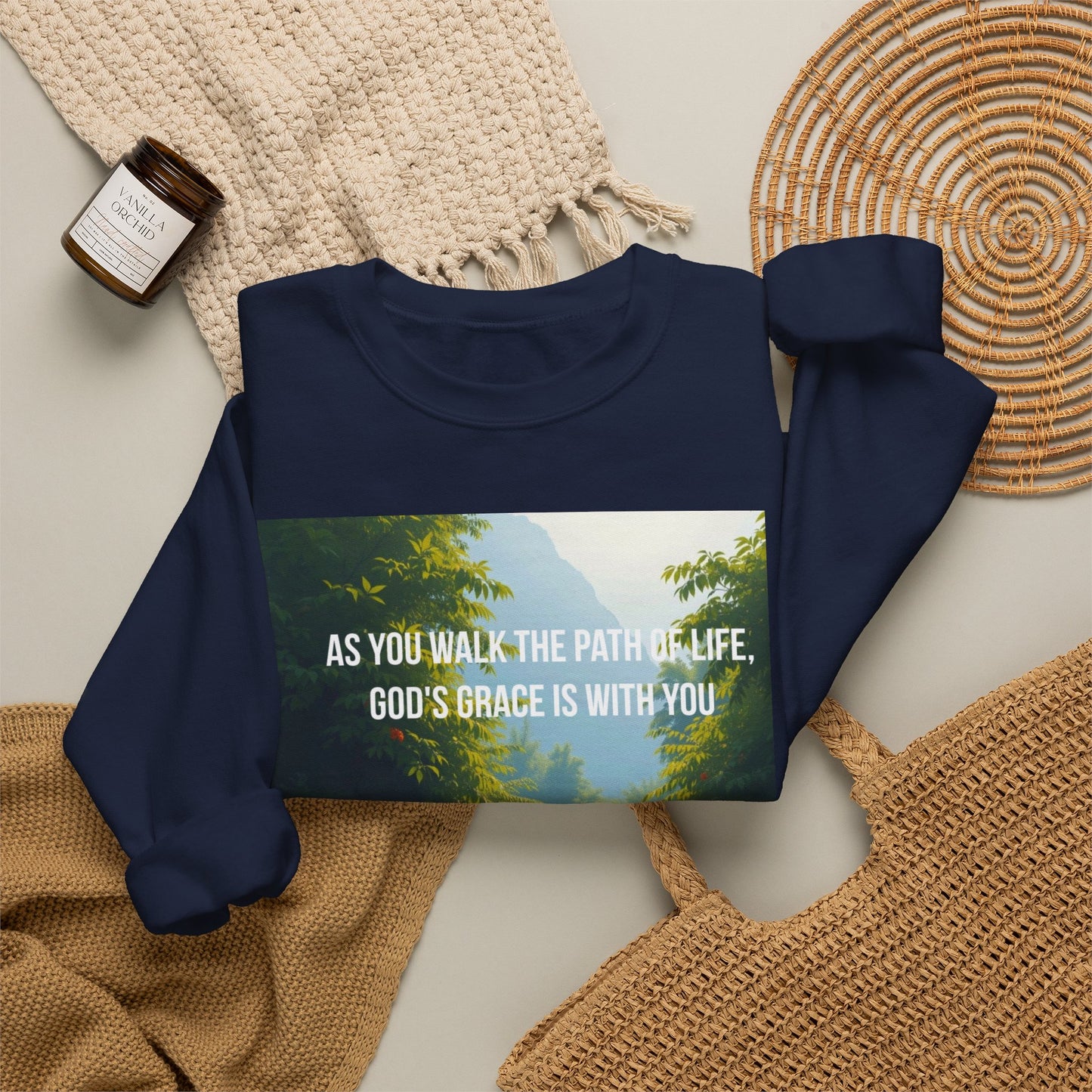 Crewneck Sweatshirt — "As You Walk the Path of Life, God’s Grace Is With You" Inspirational Christian Sweatshirt