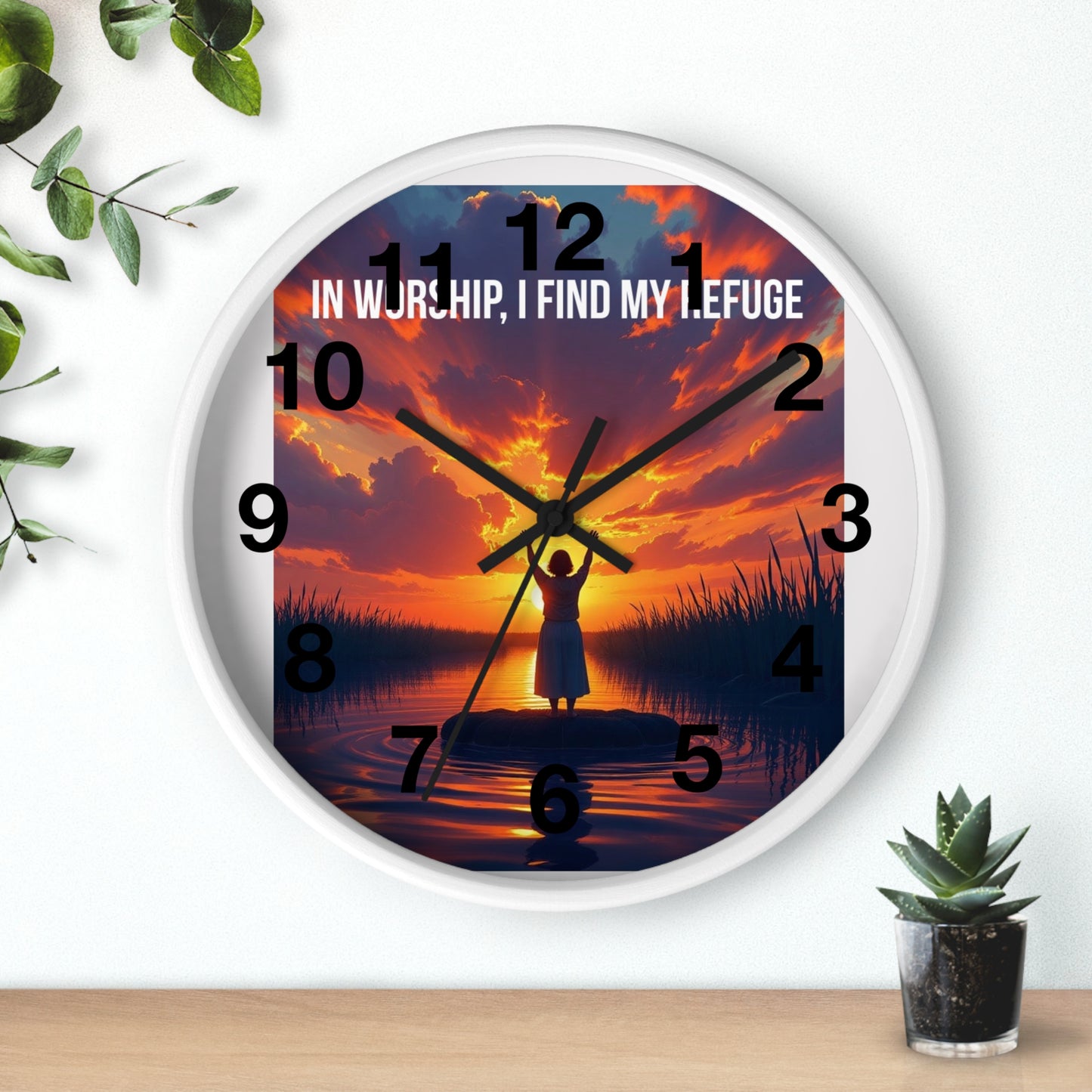Wall Clock — "In Worship, I Find My Refuge" Sunset Silhouette Christian Clock