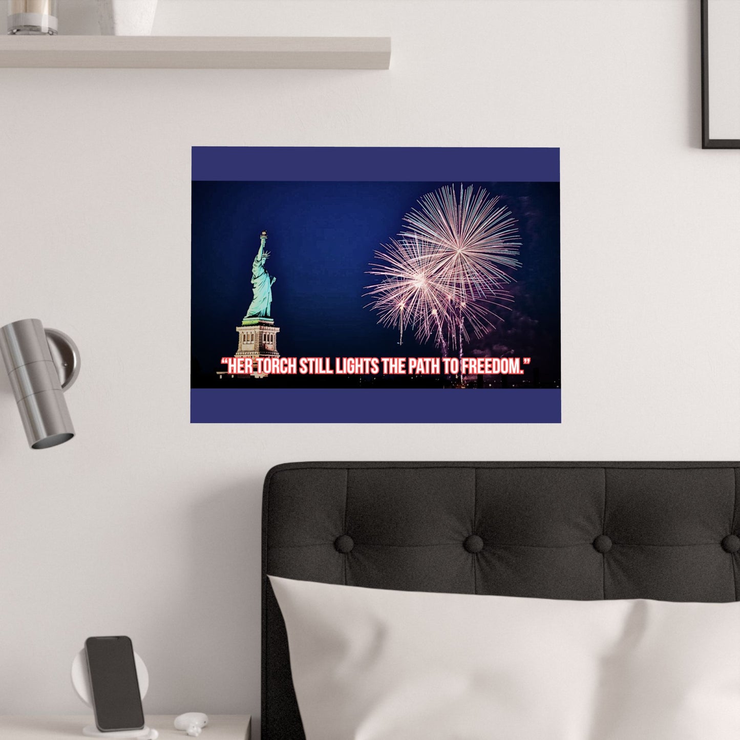 Statue of Liberty Fireworks Satin Poster — "Her Torch Still Lights the Path to Freedom"
