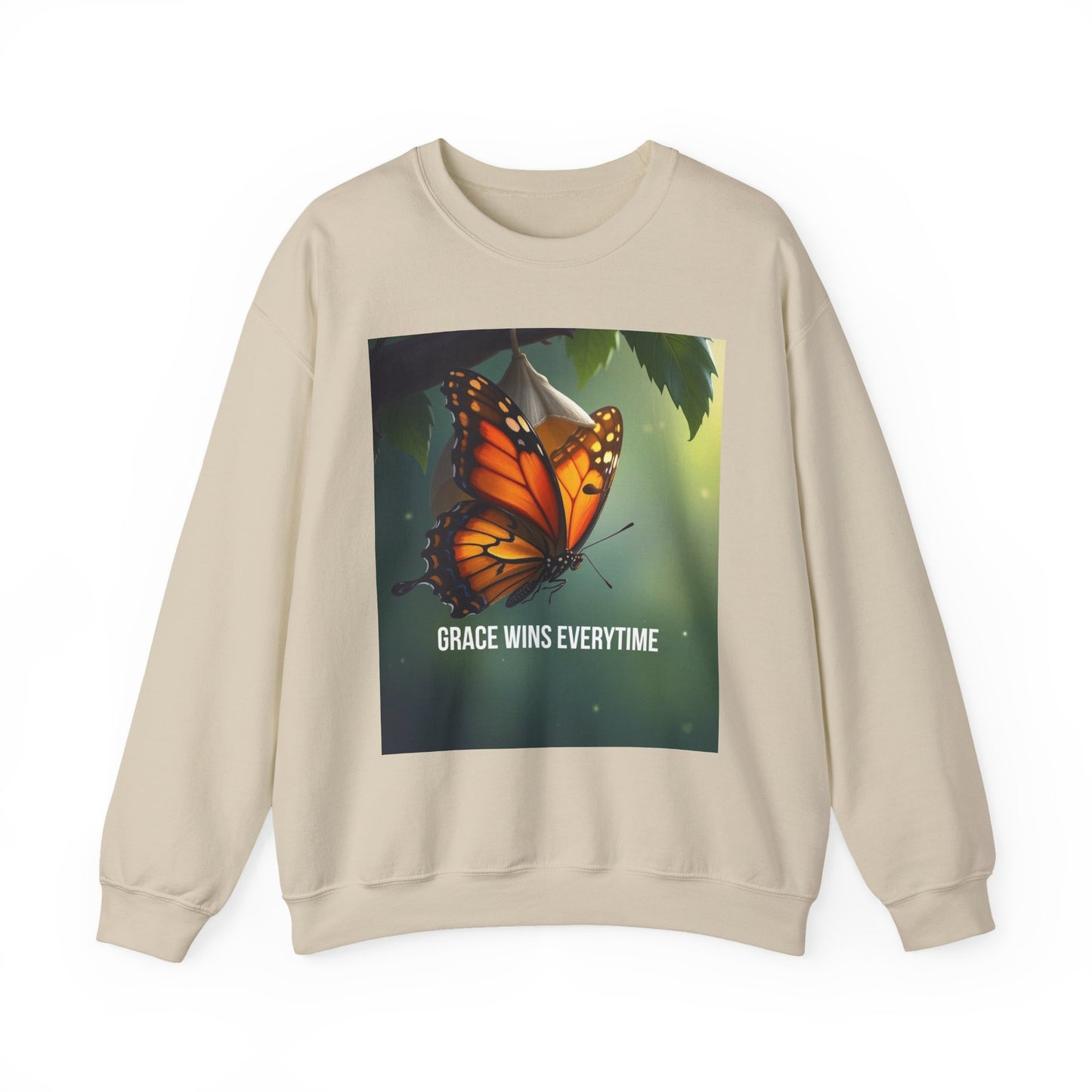 Crewneck Sweatshirt — Grace Wins Everytime Monarch Butterfly Inspirational Tee