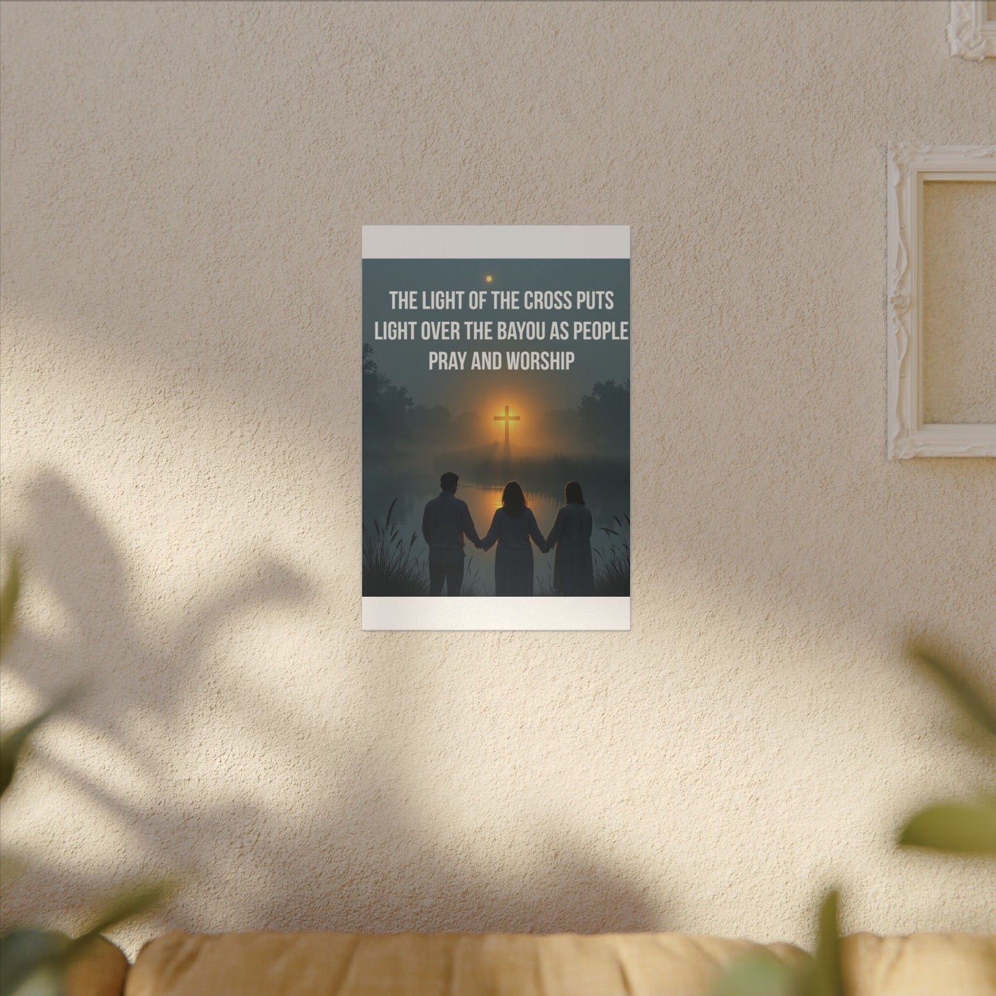Faith Wall Art Canvas — “The Light of the Cross Puts Light Over the Bayou as People Pray and Worship”