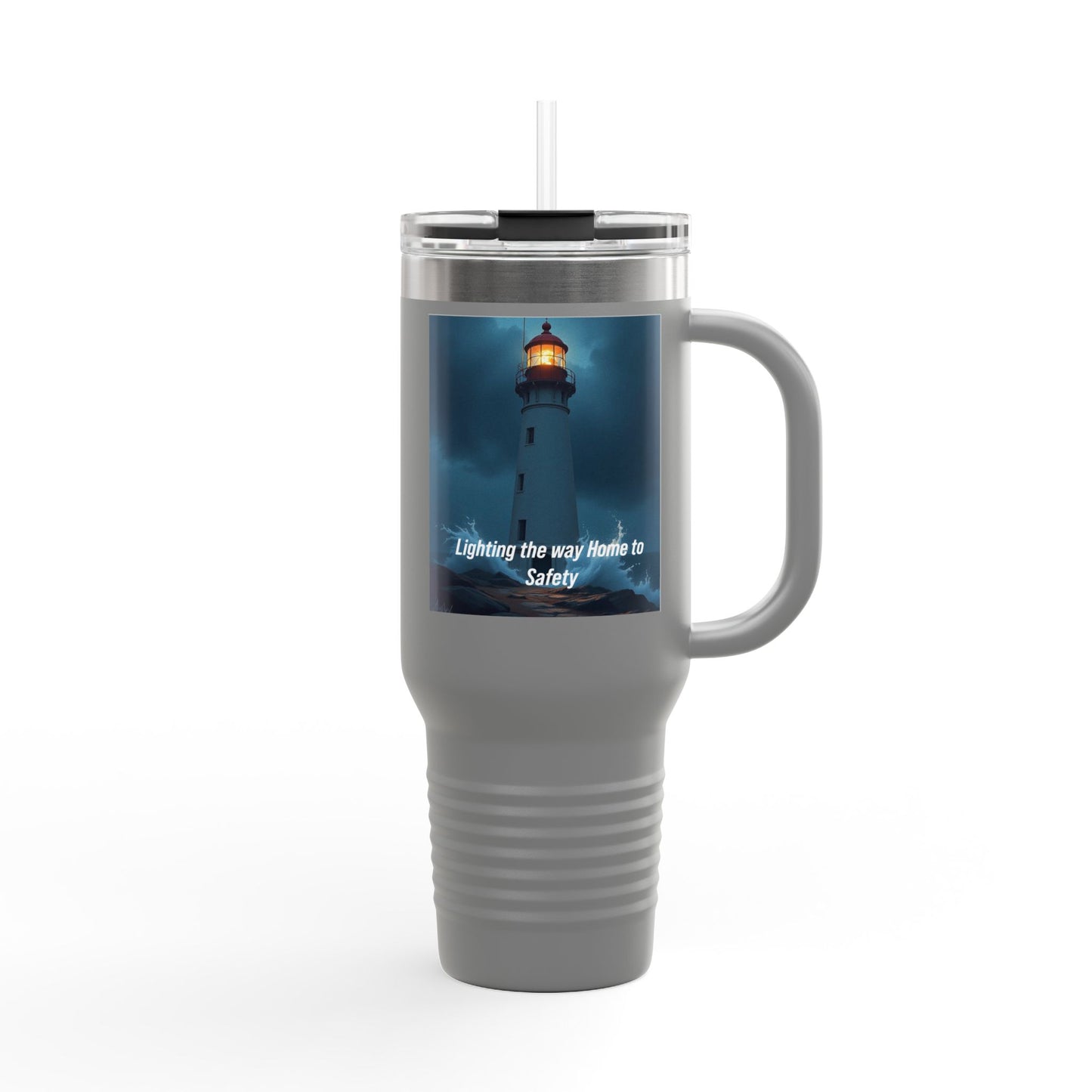 Lighthouse Travel Mug — 40oz Insulated Tumbler with "Lighting the way Home to Safety" Design