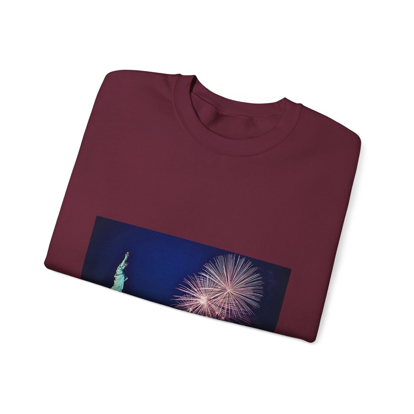Liberty Night Crewneck Sweatshirt — Statue of Liberty Fireworks "Her Torch Still Lights the Path to Freedom"