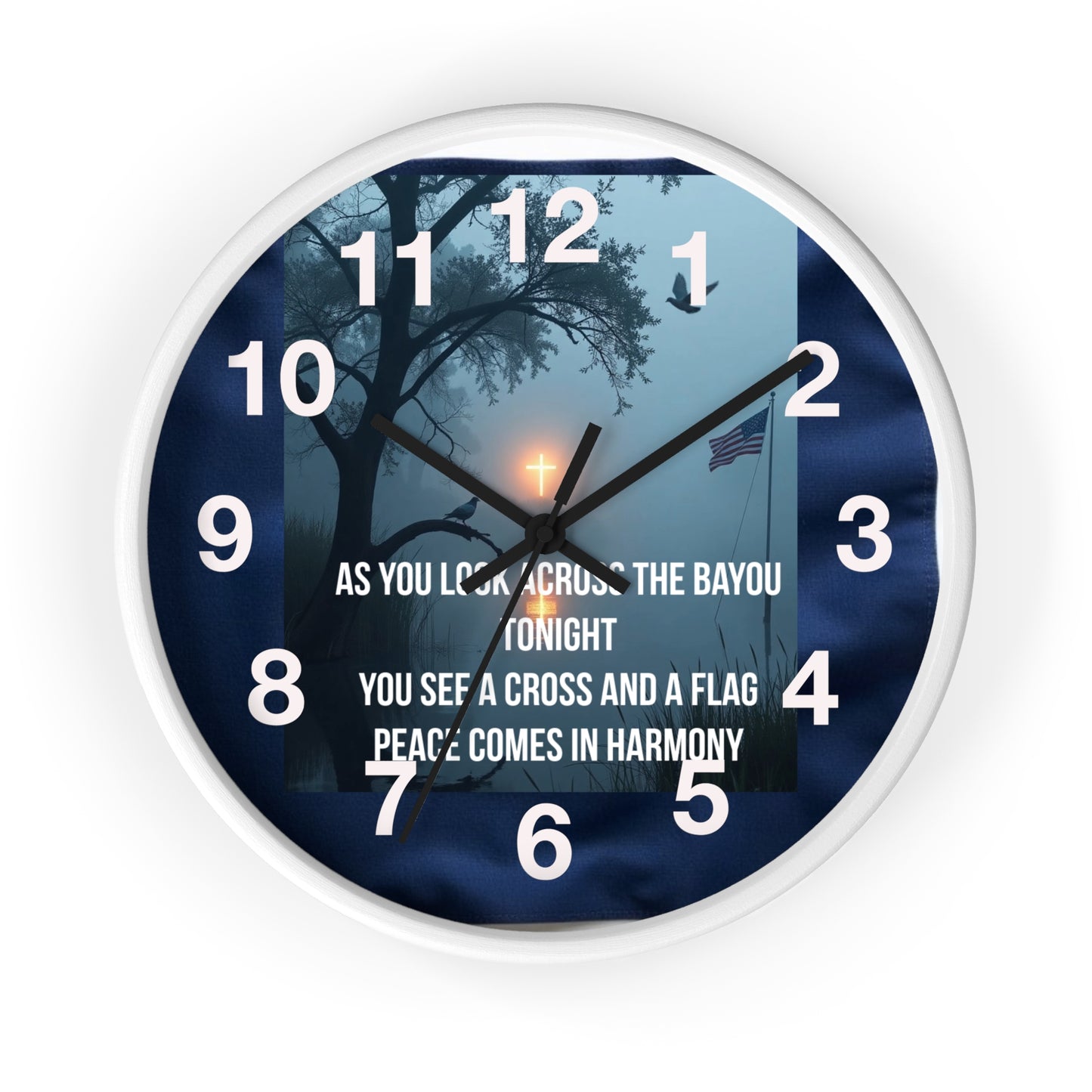 Bayou Cross & Flag Wall Clock — Patriotic Peaceful Scene with Lyrics